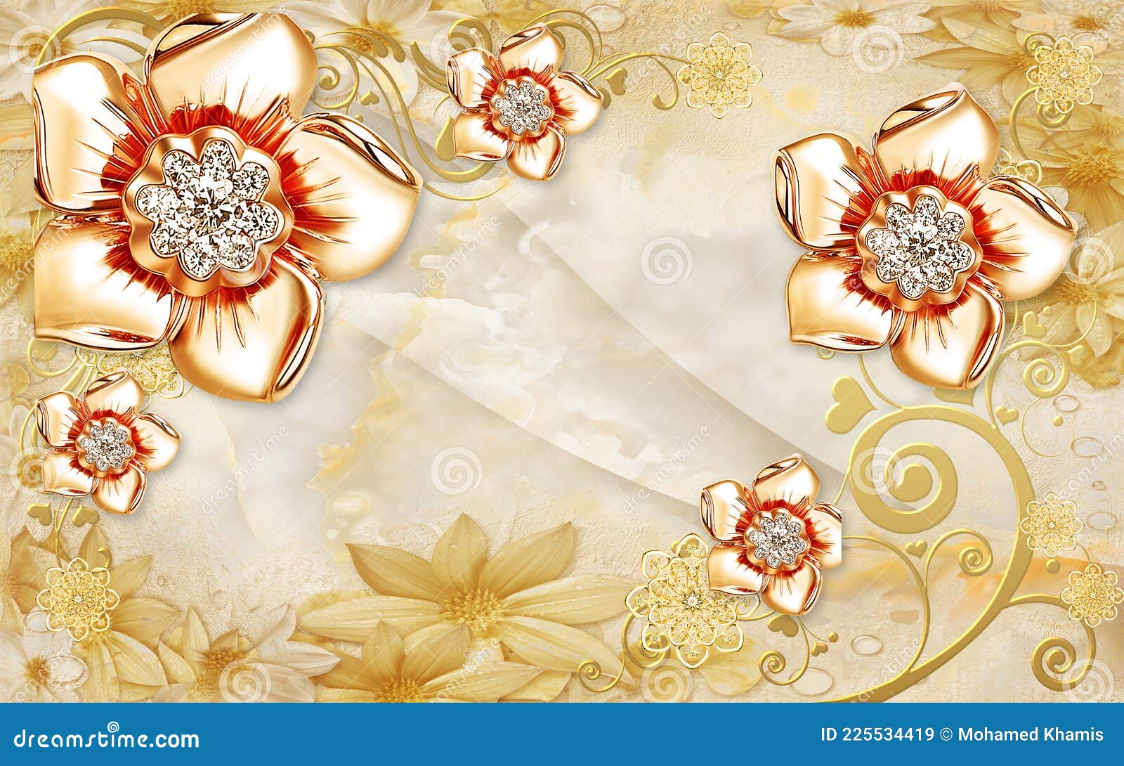 3d Papel De Parede, Flores De Joias Douradas Em Fundo De Flores Ilustração  Stock - Ilustração de quarto, diamante: 225534419
