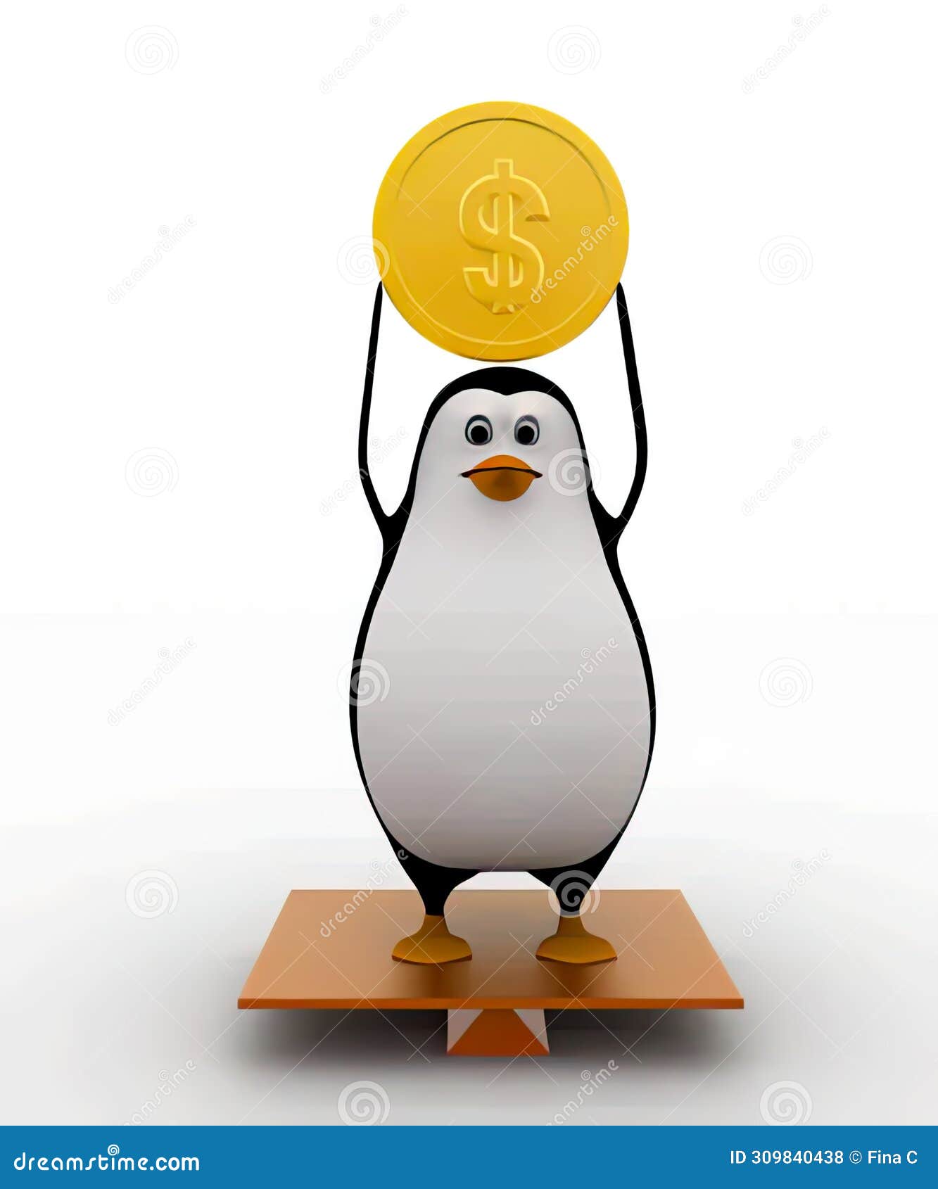 3d penguin balancing on seasaw and holding coin up concept