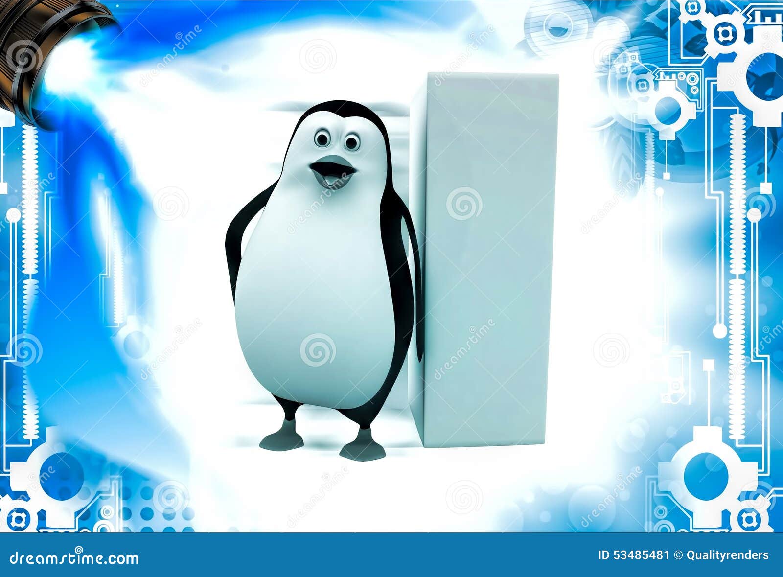 3d Penguin Stand On Support Of Rextangular Pillar Illustation Stock