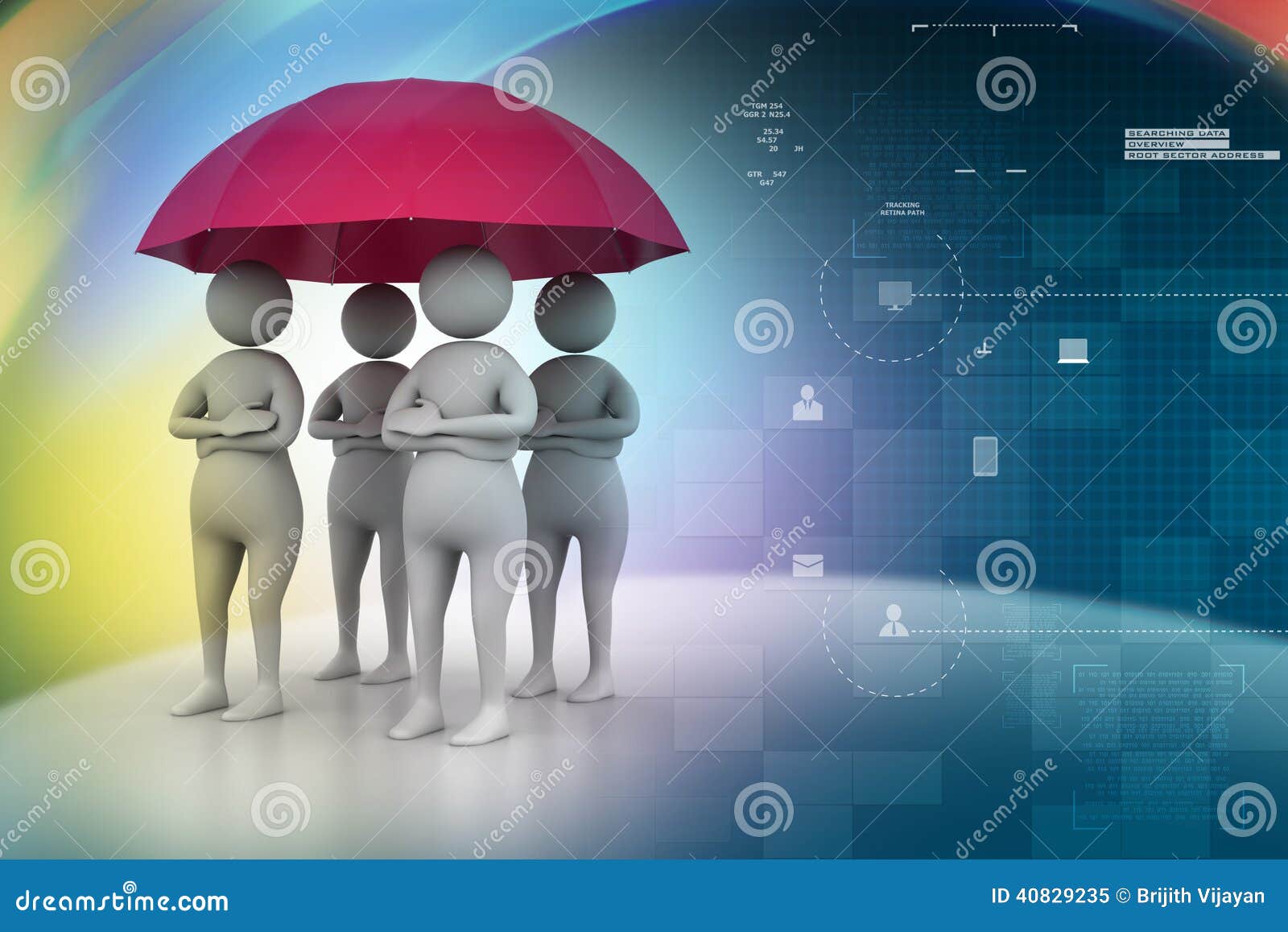 3d People Under Umbrella, Team Work Concept Stock Illustration