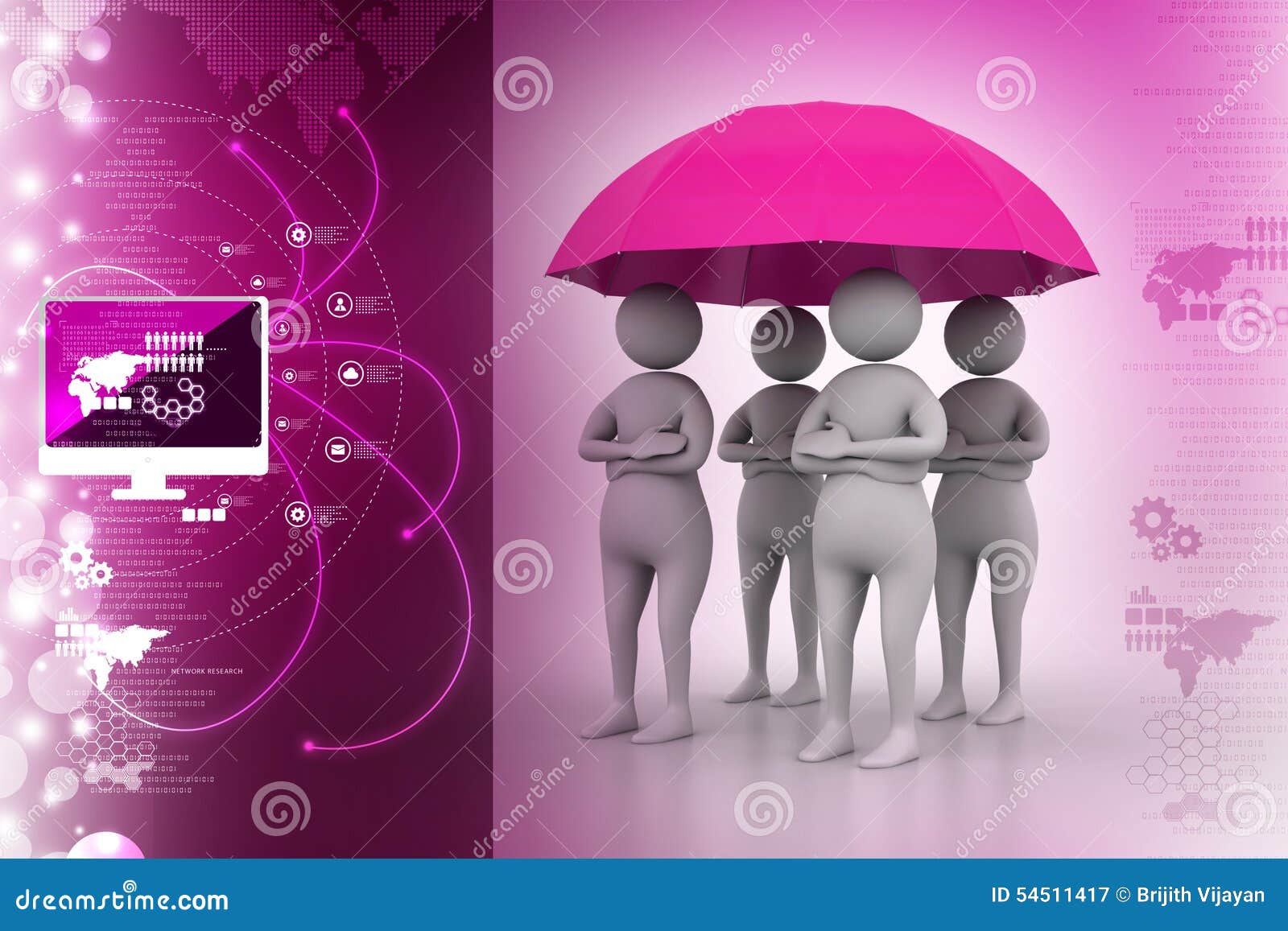 3d People Under Umbrella, Team Work Concept Stock Illustration