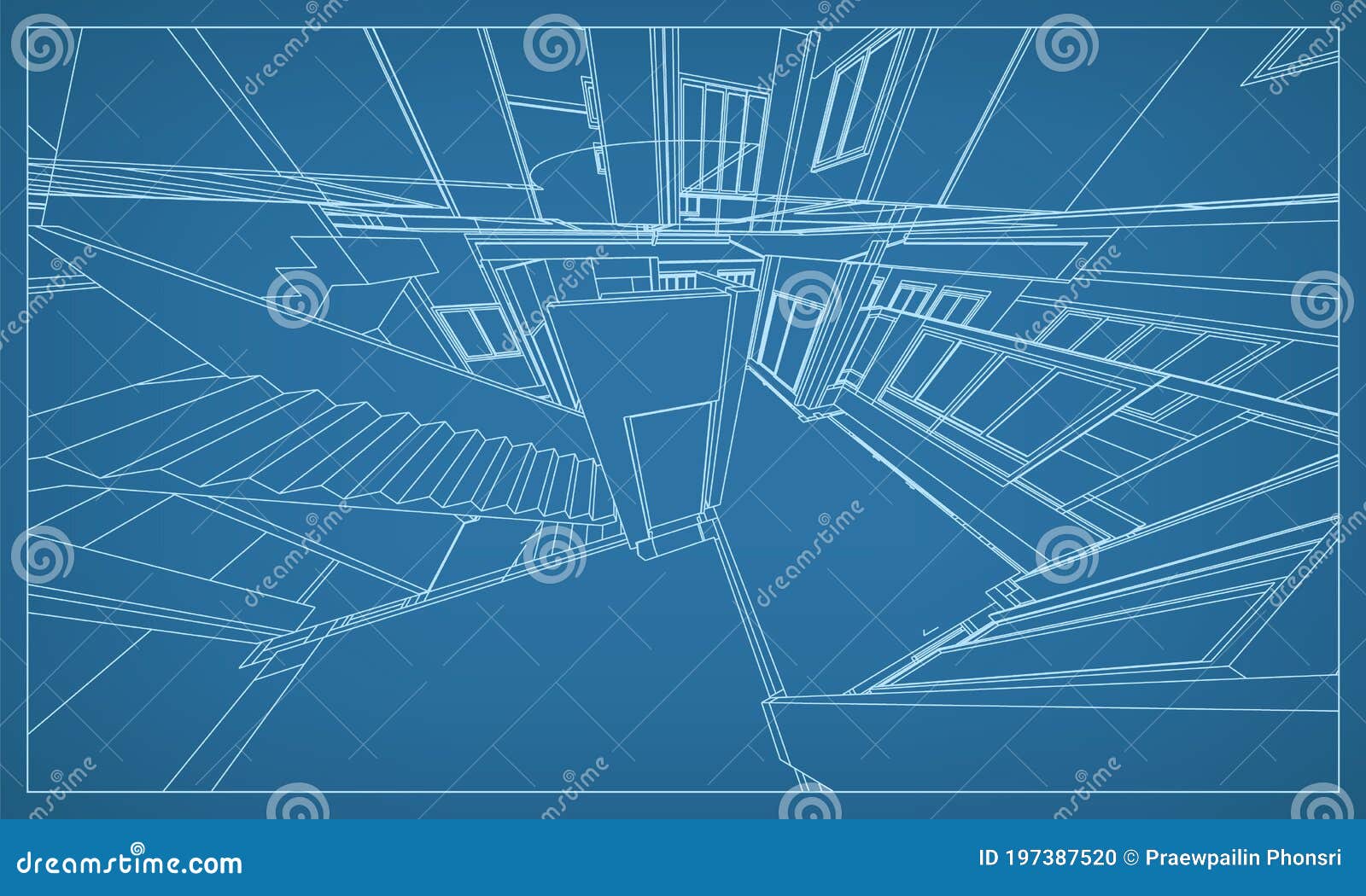3D Perspective Render of Building Wireframe Structure. Abstract