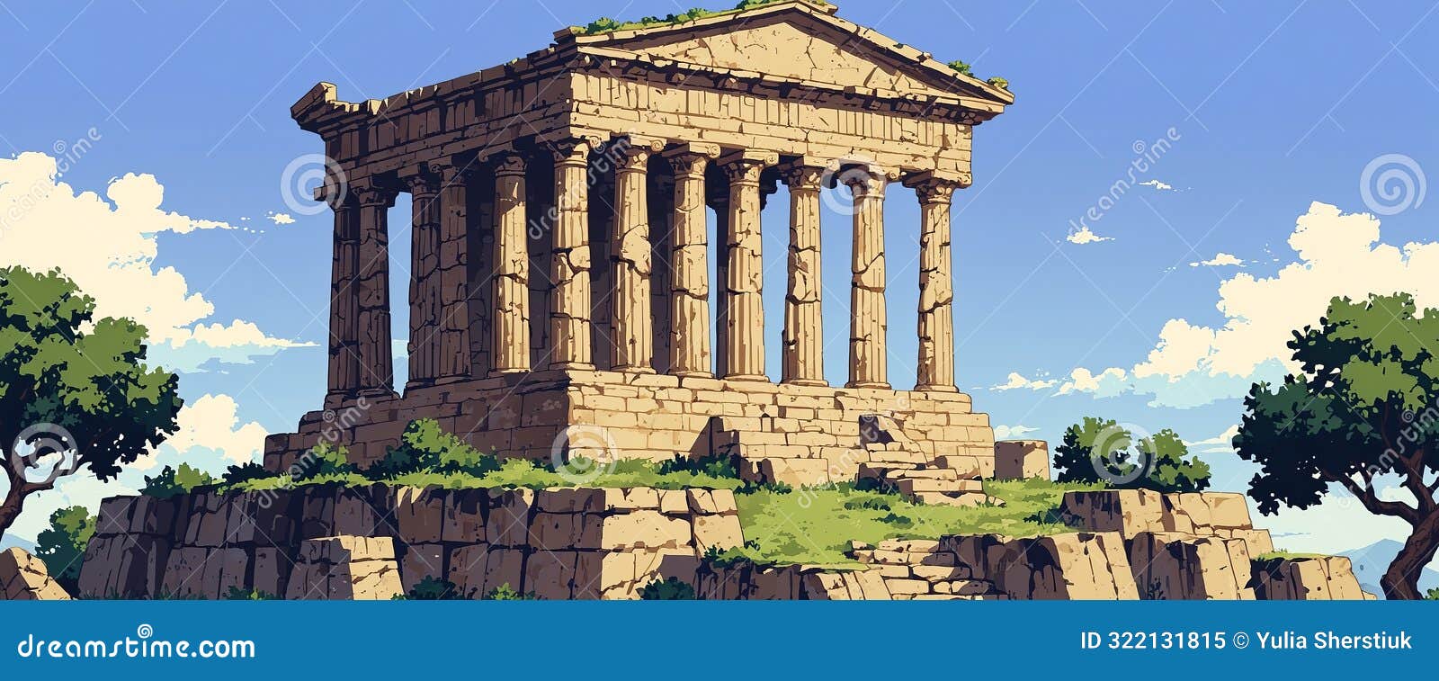 2d pixel art of ancient greek temple on the hill, athena parthenos,16 bit, 32 bit, game art.