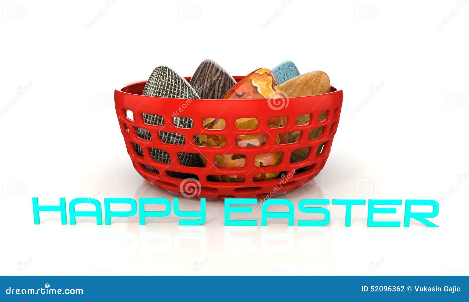 3d Plastic Bowl with Colorful Eggs and Happy Easter Message Stock Illustration Illustration of
