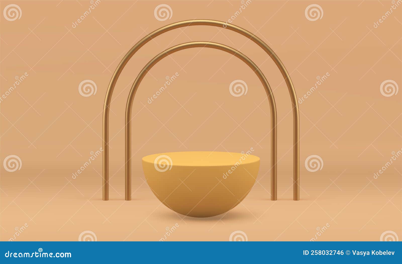 3d podium beige semisphere abstract stage with golden arch studio background  realistic 