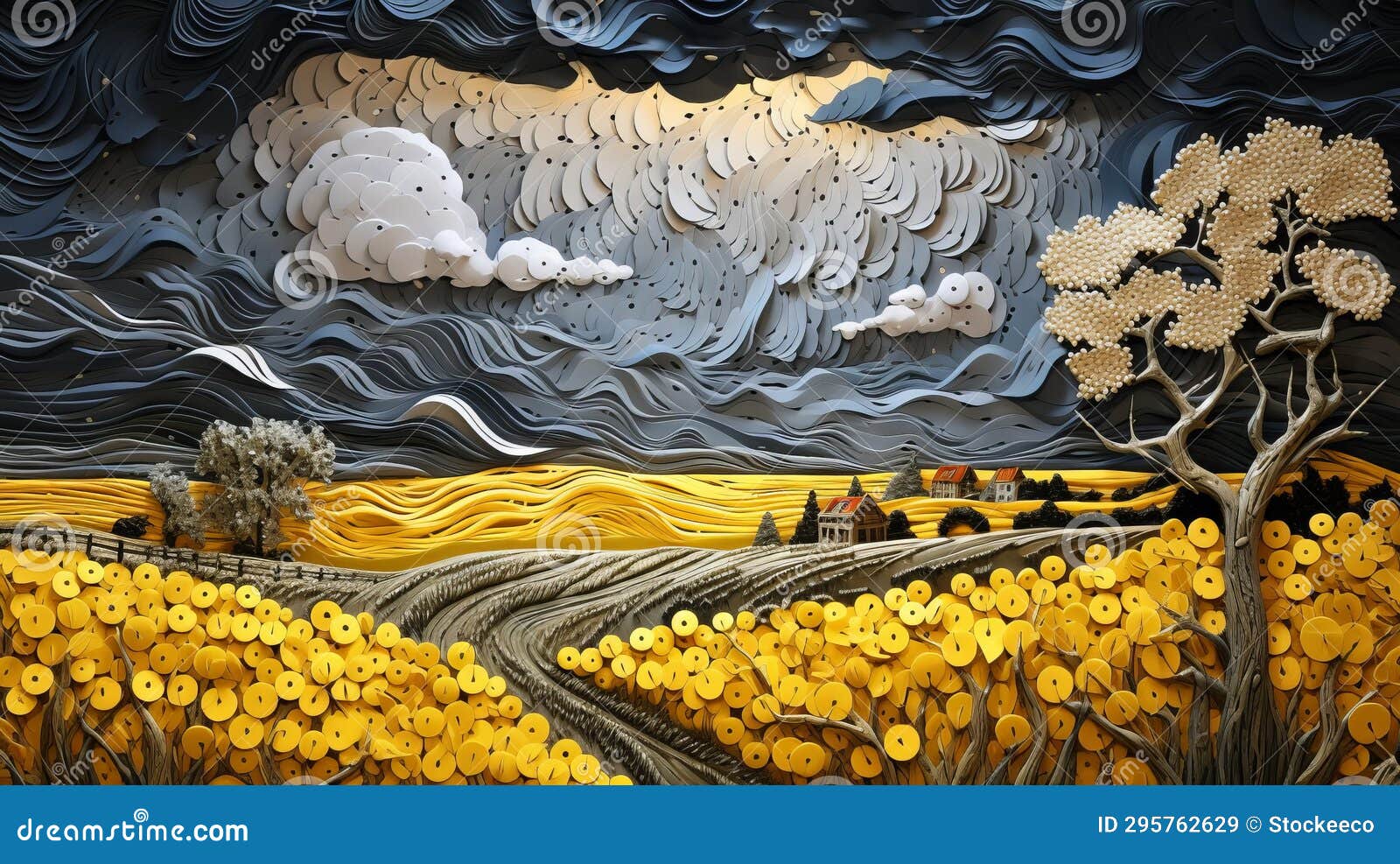 hyper-detailed paper art inspired by stormy seascapes in southern countryside
