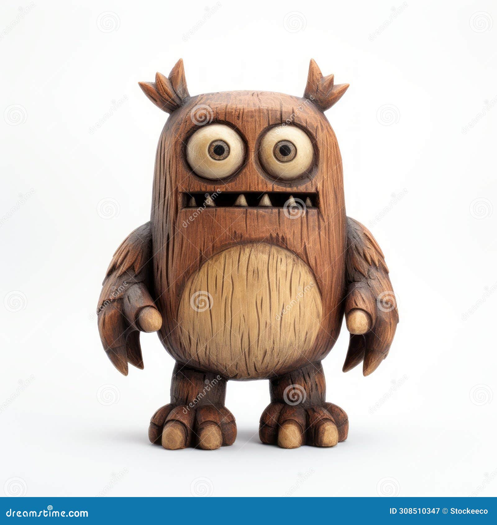 handmade wood monster with cartoonish character 