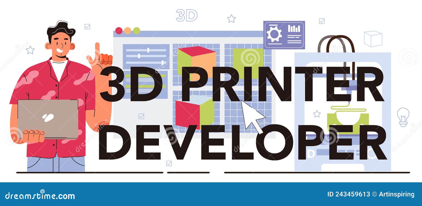 3D Printer Developer Typographic Header. Operating System Programming