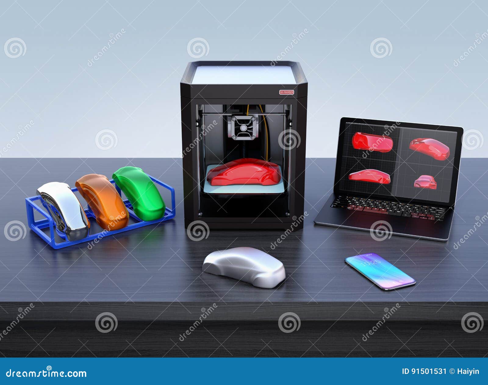 3d printer, laptop and product color samples