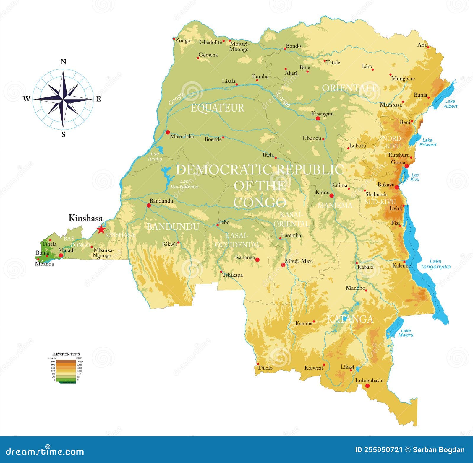 d.r. congo highly detailed physical map