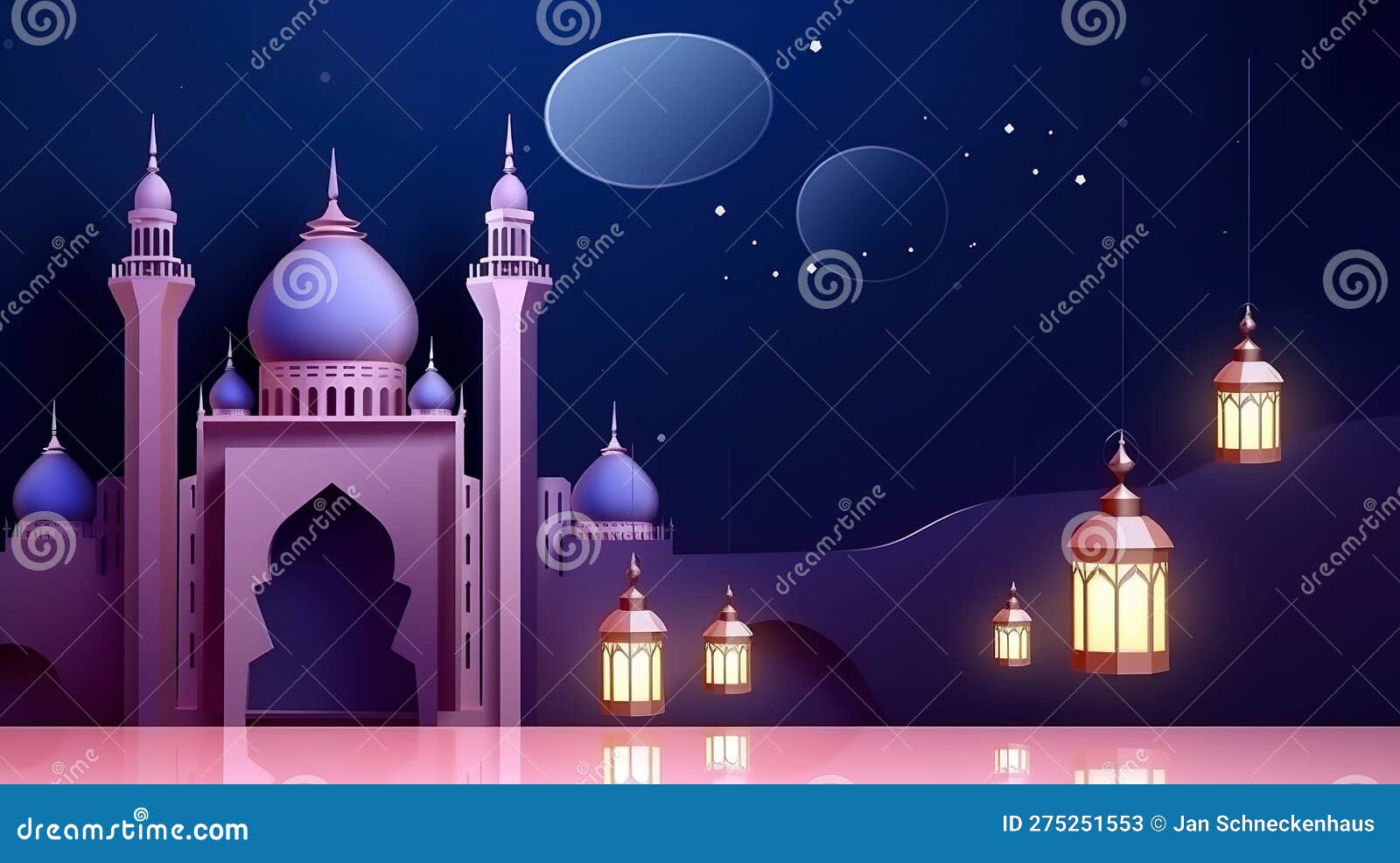 3d ramadan night banner template showcasing a cute mosque and lantern displayed on stages with glowing lights in the evening