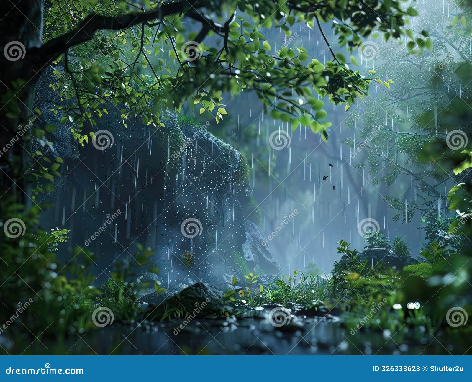 3d realistic animation of a forest crying with tears flowing from tree leaves amidst a somber setting