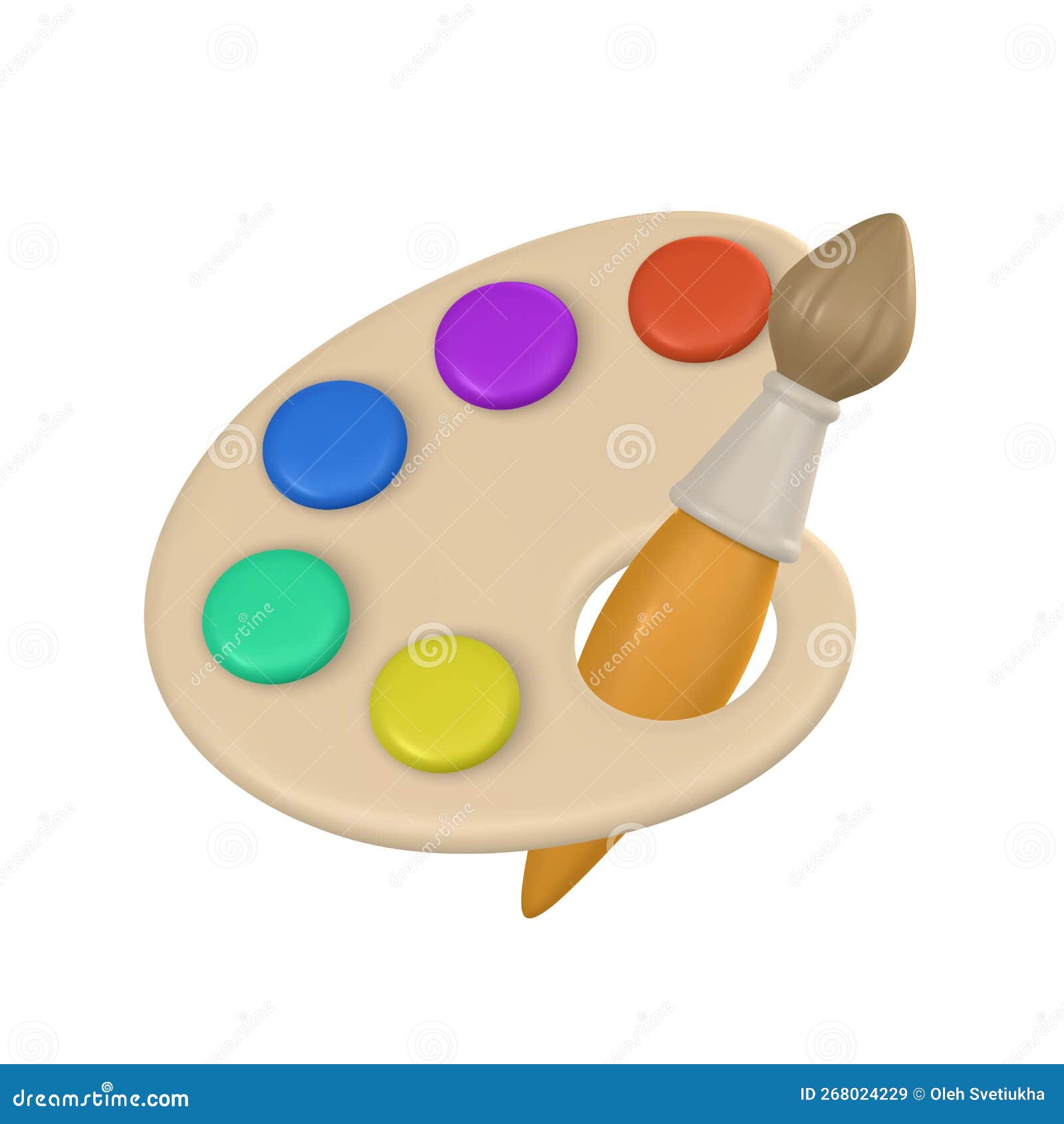3d Realistic Palette with Paints and Brush in Cartoon Style. Vector Illustration Stock Vector