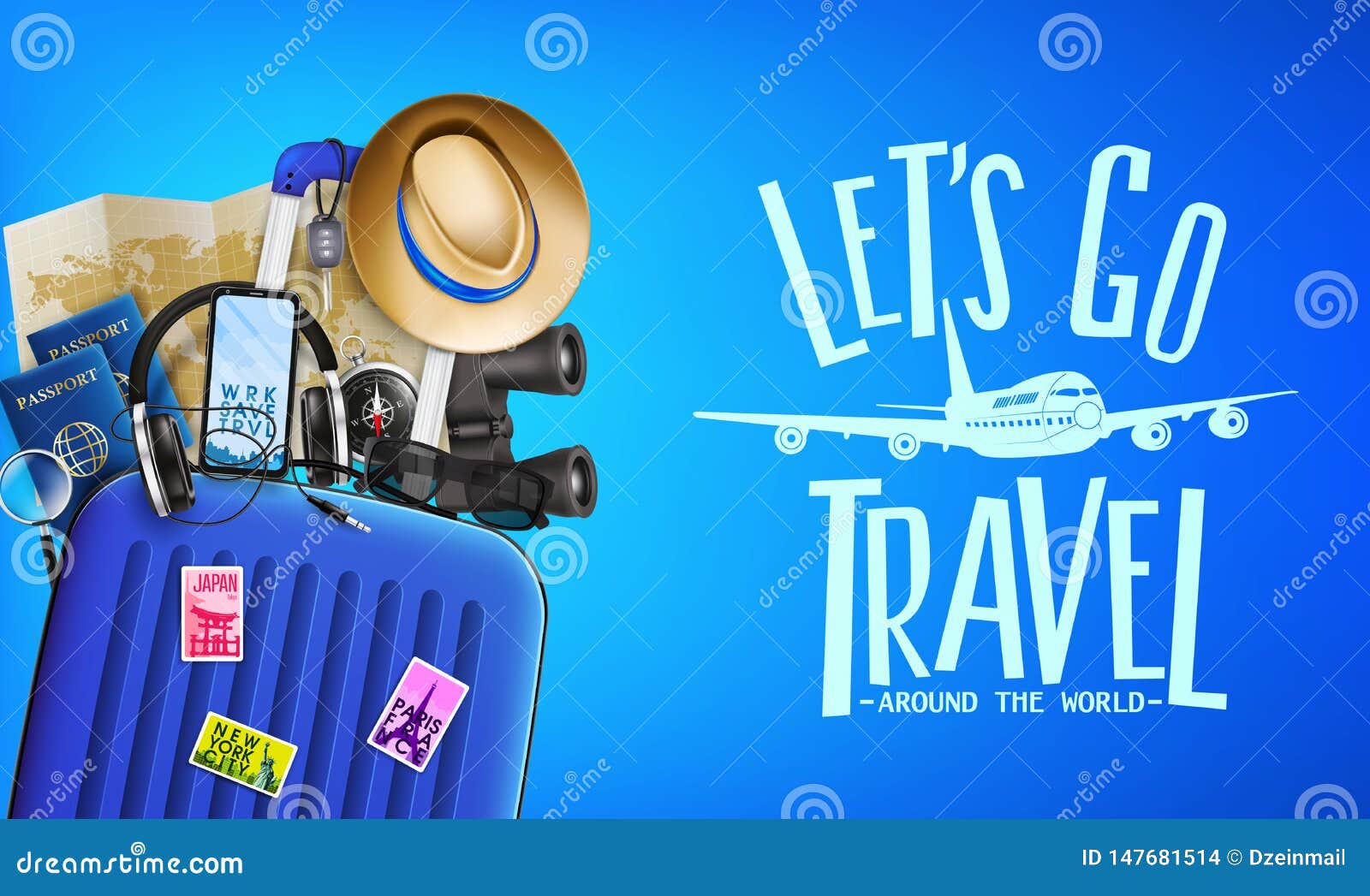 3d realistic travel banner front view with let`s go travel around the world message and travelling items