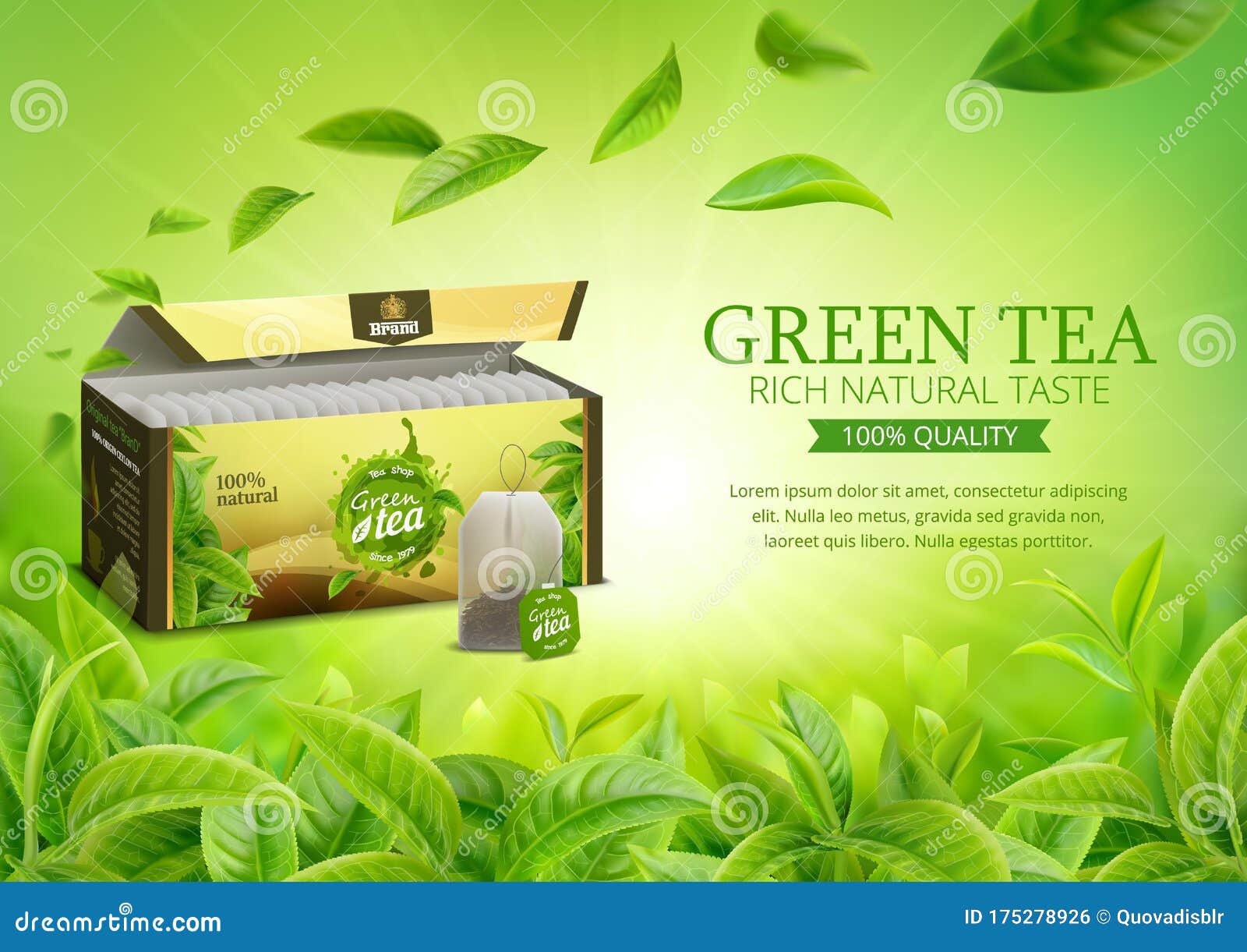 3d Realistic Vector Horizontal Banner, Nature, Tea Plantation, Green Tea  Garden Background with Tea Packaging and Flying Leaves, Stock Illustration  - Illustration of light, flying: 175278926