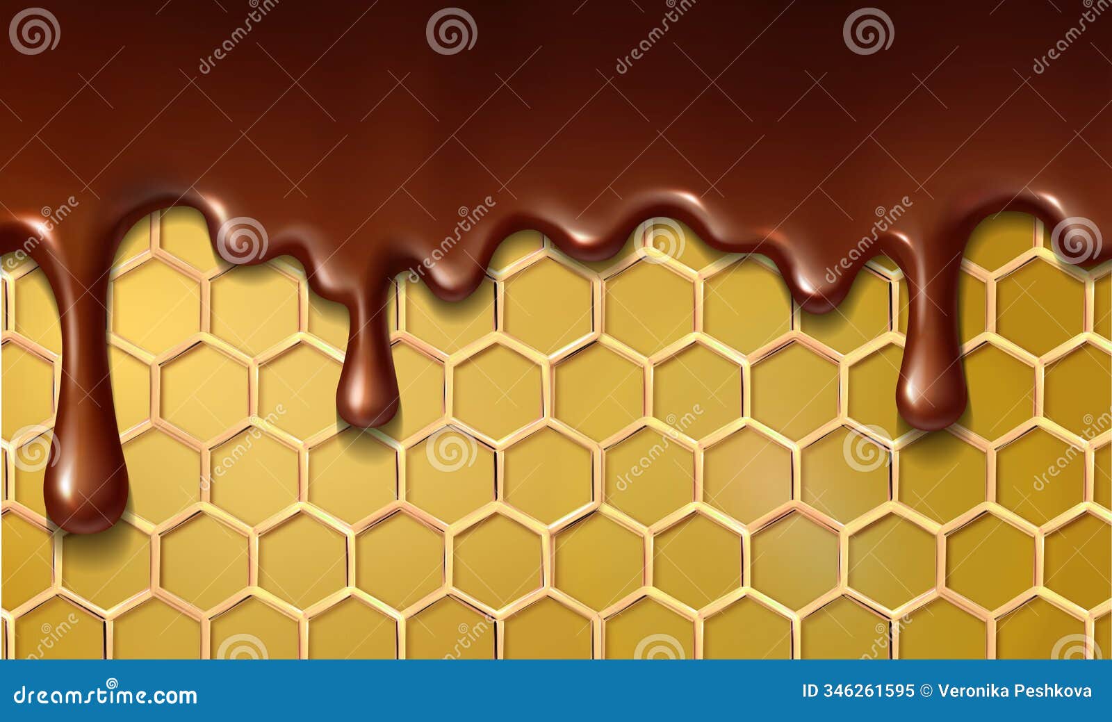 3d realistic  icon . melting chocolate dripping on honeycomb background.