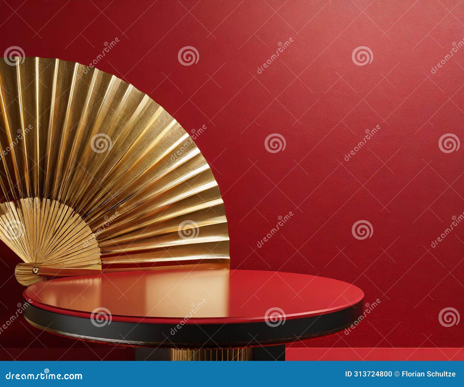3d Red Background Gold Fan, Round Table, Minimalist Background, Simple