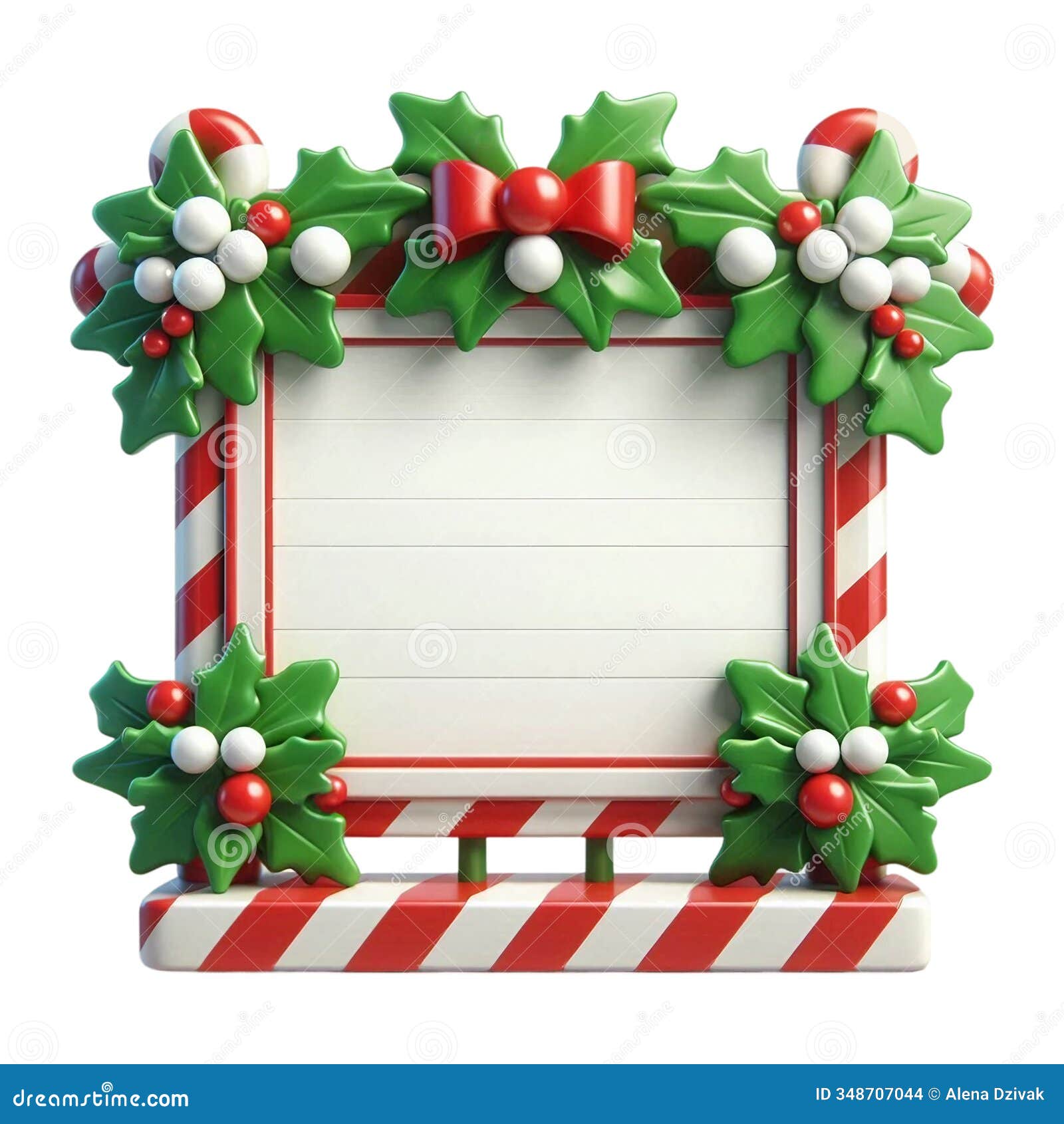 3d red and white frame with empty space for text, decorated green holly leaves on png background