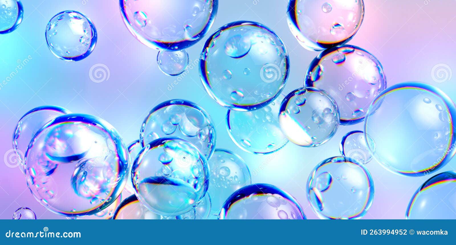 3d Render, Abstract Blue Background, Air Bubbles, Wallpaper with Glass