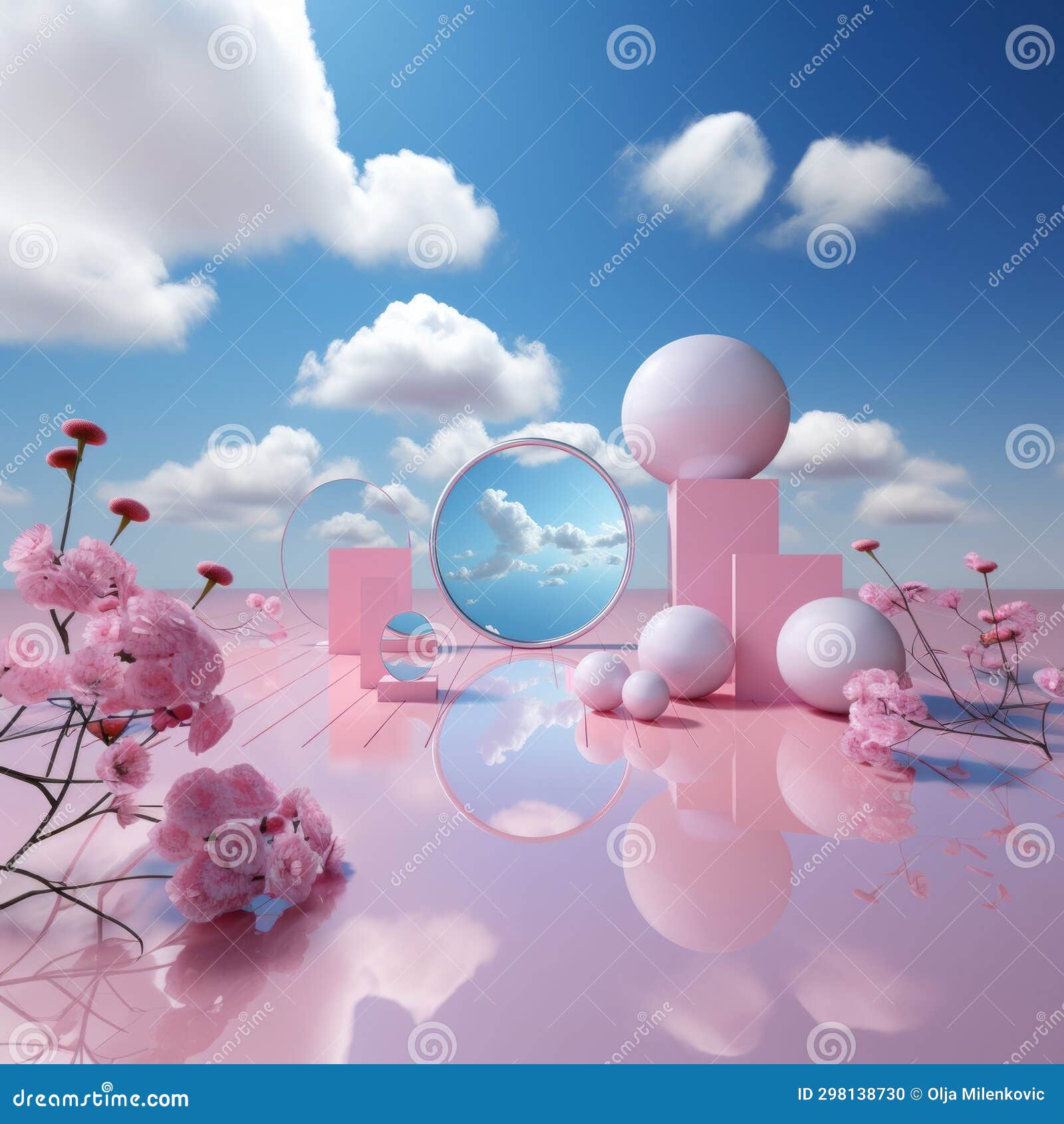 3d Render of Abstract Composition with Podiums and Flowers in the Sky