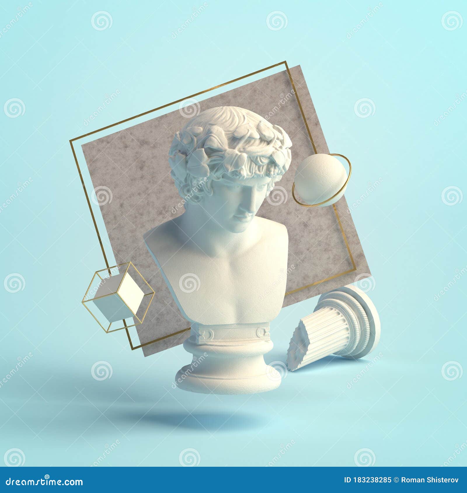 3d- of an abstract composition of antinous sculpture and primitive objects