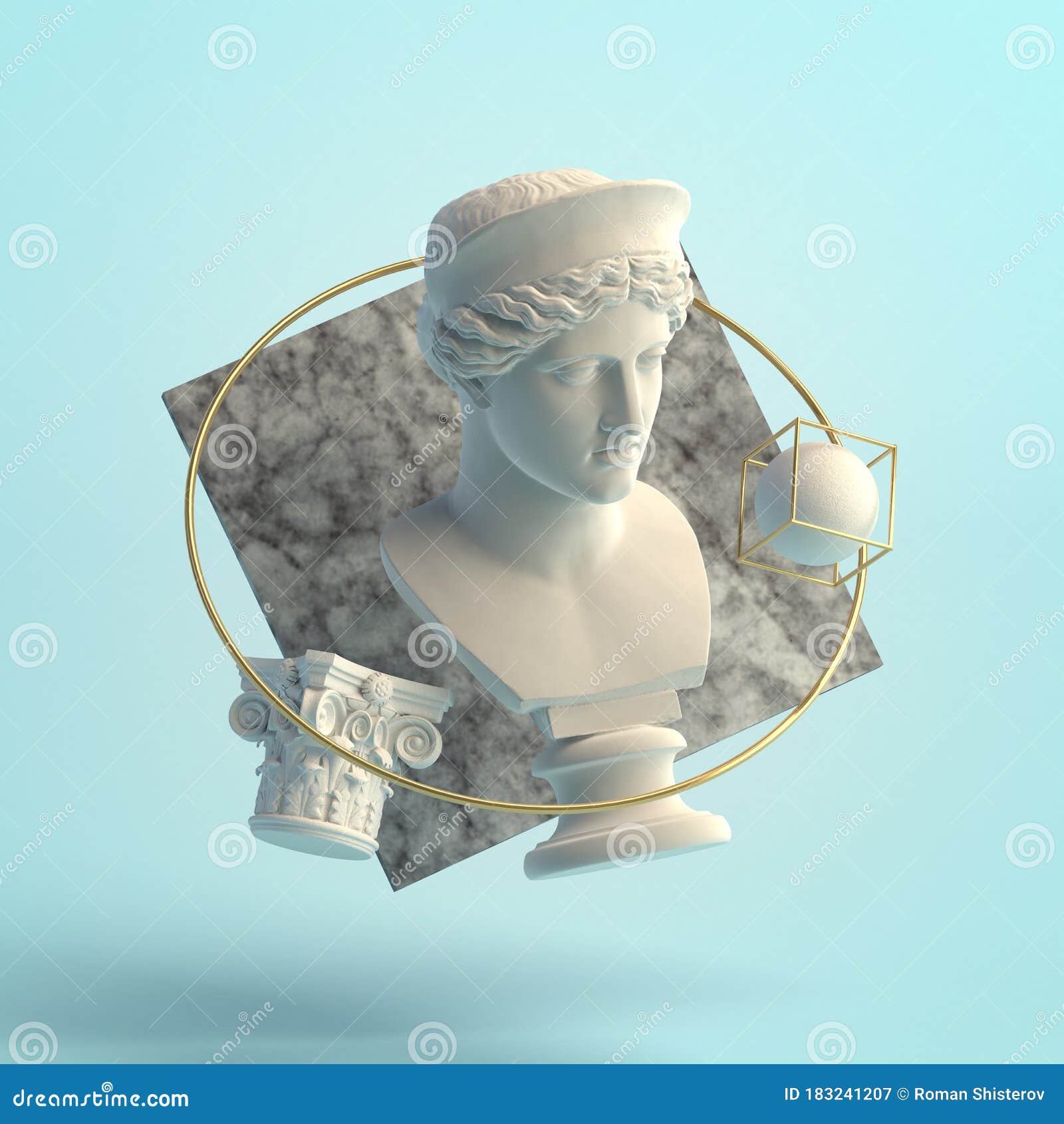 3d- of an abstract composition of hera sculpture and primitive objects