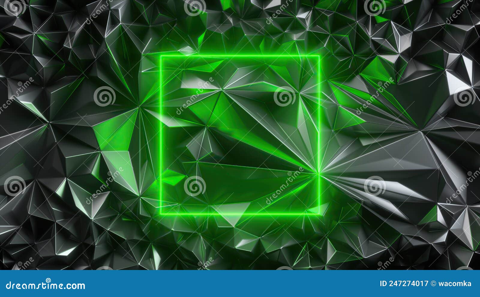 3d Render, Abstract Geometric Background with Metallic Faceted Texture and Green Neon Frame
