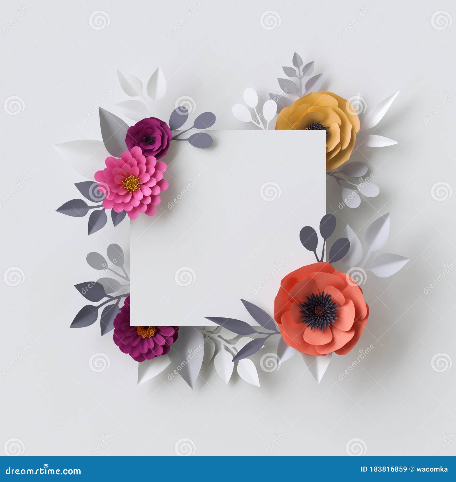 3d Render, Abstract Paper Flowers, Floral Background, Blank Square