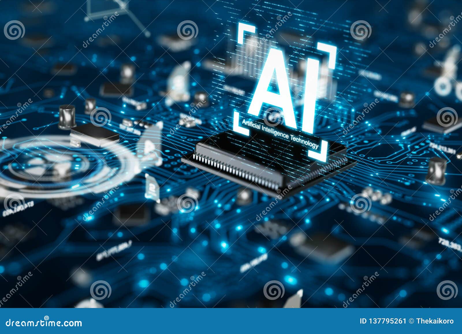3d render ai artificial intelligence technology cpu central processor unit chipset on the printed circuit board for electronic and