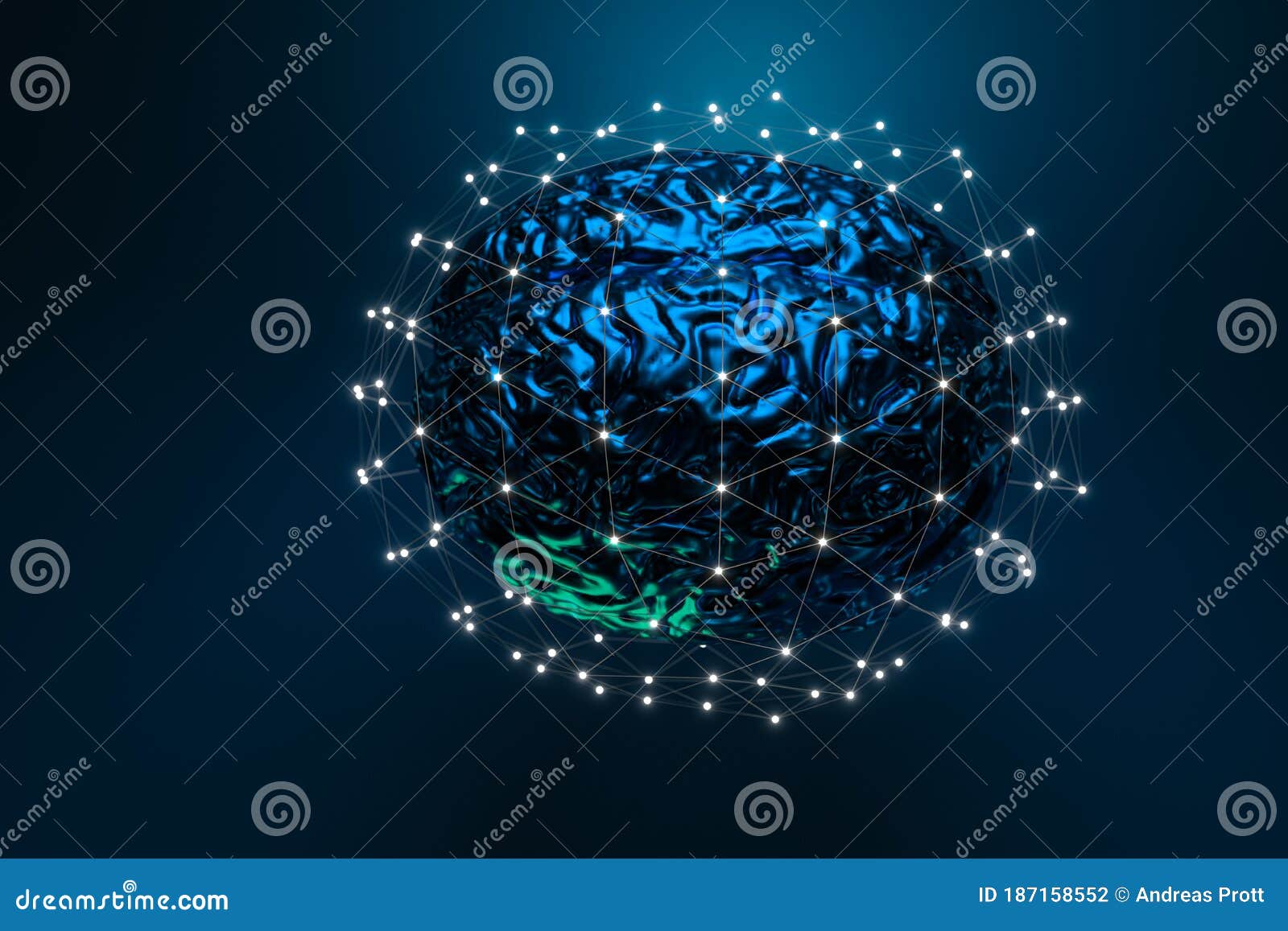 artificial intelligence concept - a human brain model surrounded by a network of glowing nodes