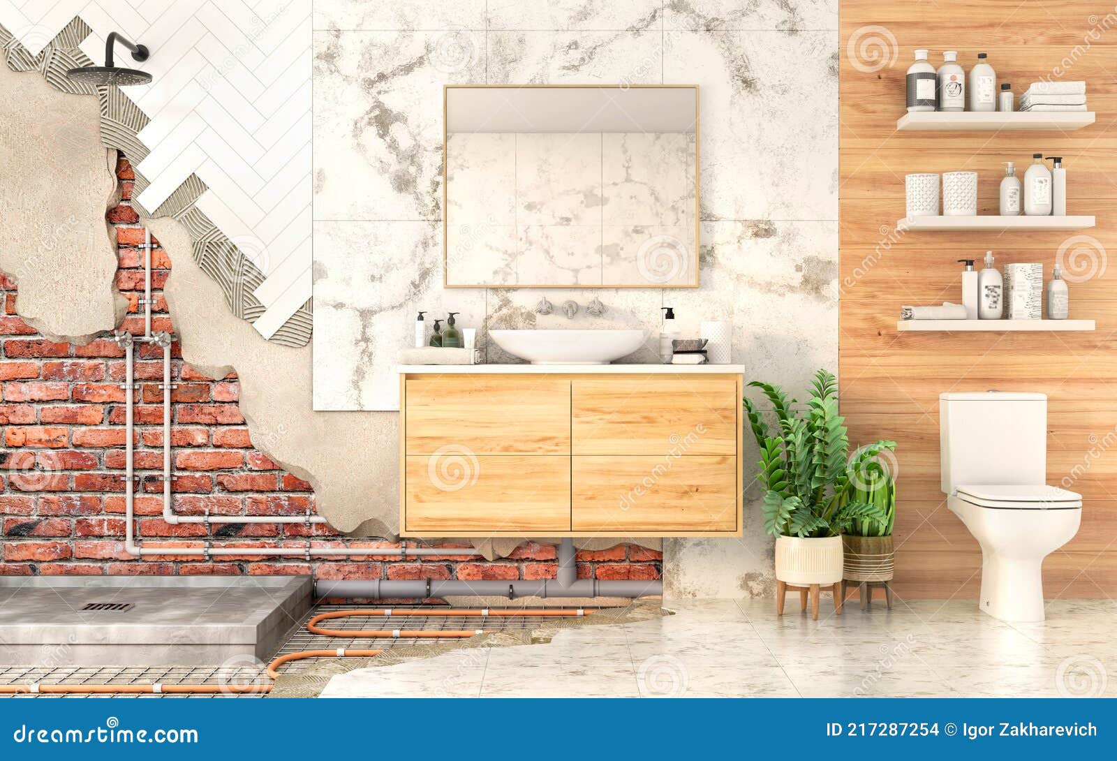 3d Render of Bathroom in Construction Process with Layered Scheme of Walls and Floor Stock