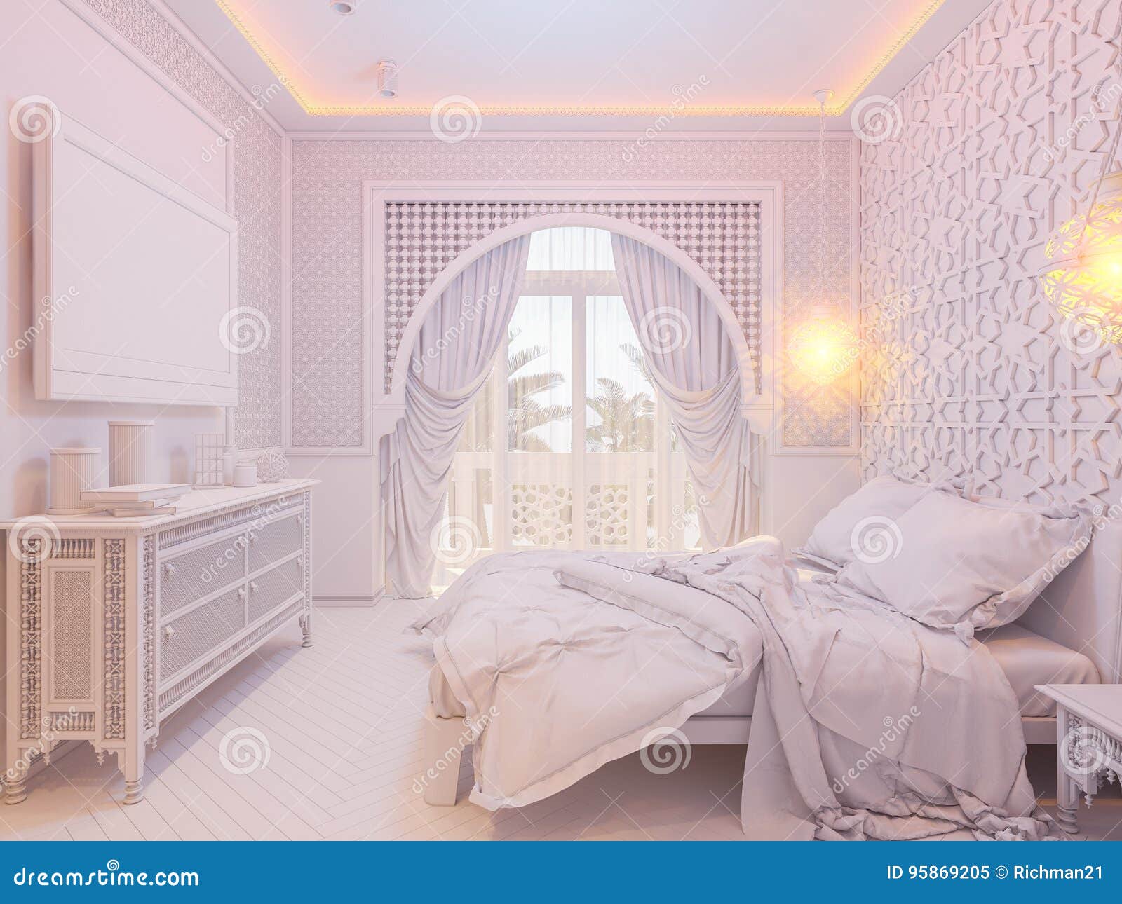 3d Render Bedroom Islamic Style Interior Design Stock
