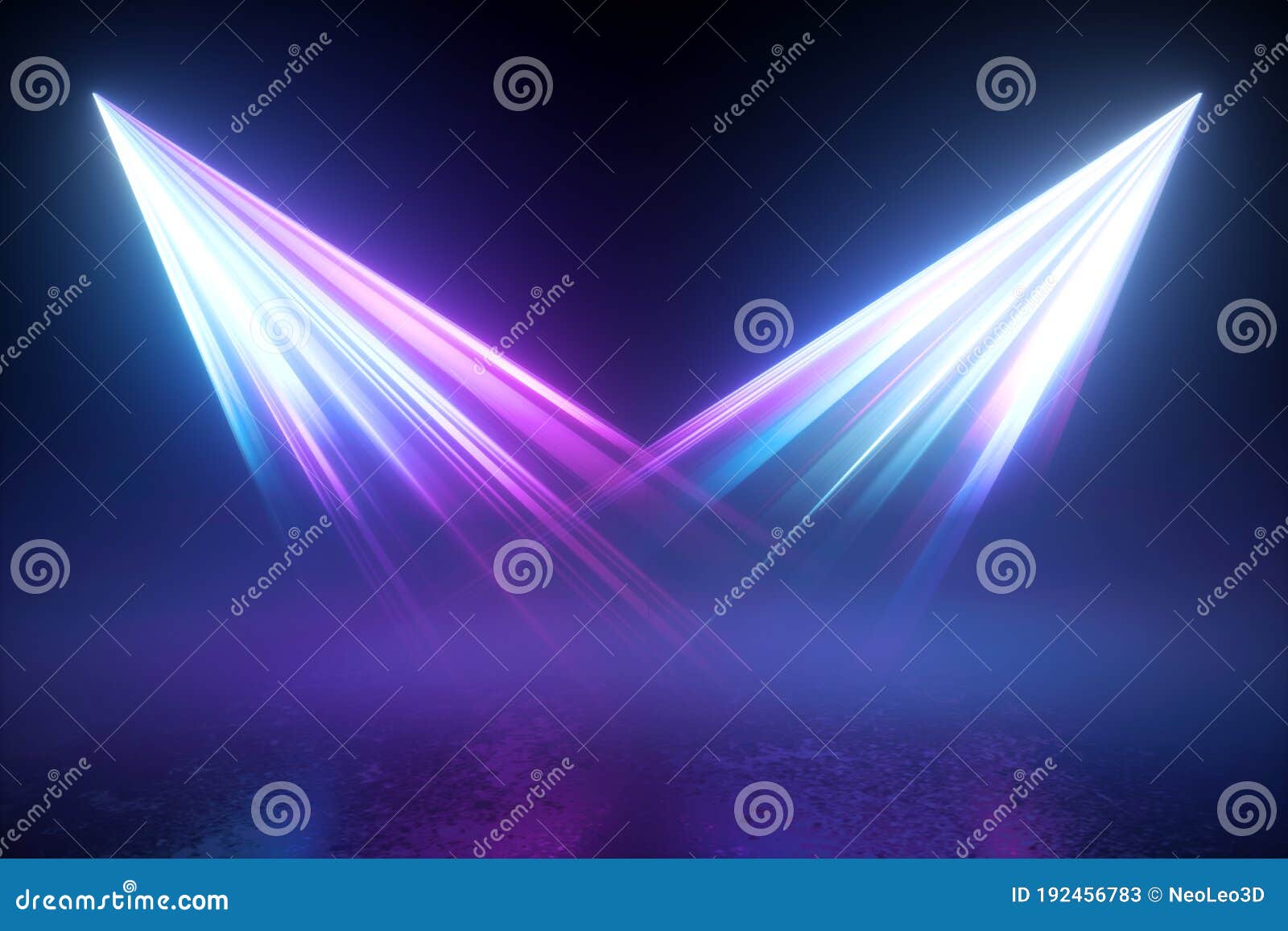 3d render. blue violet disco illumination. searchlights in the dark. abstract background with two projectors, neon lights shining