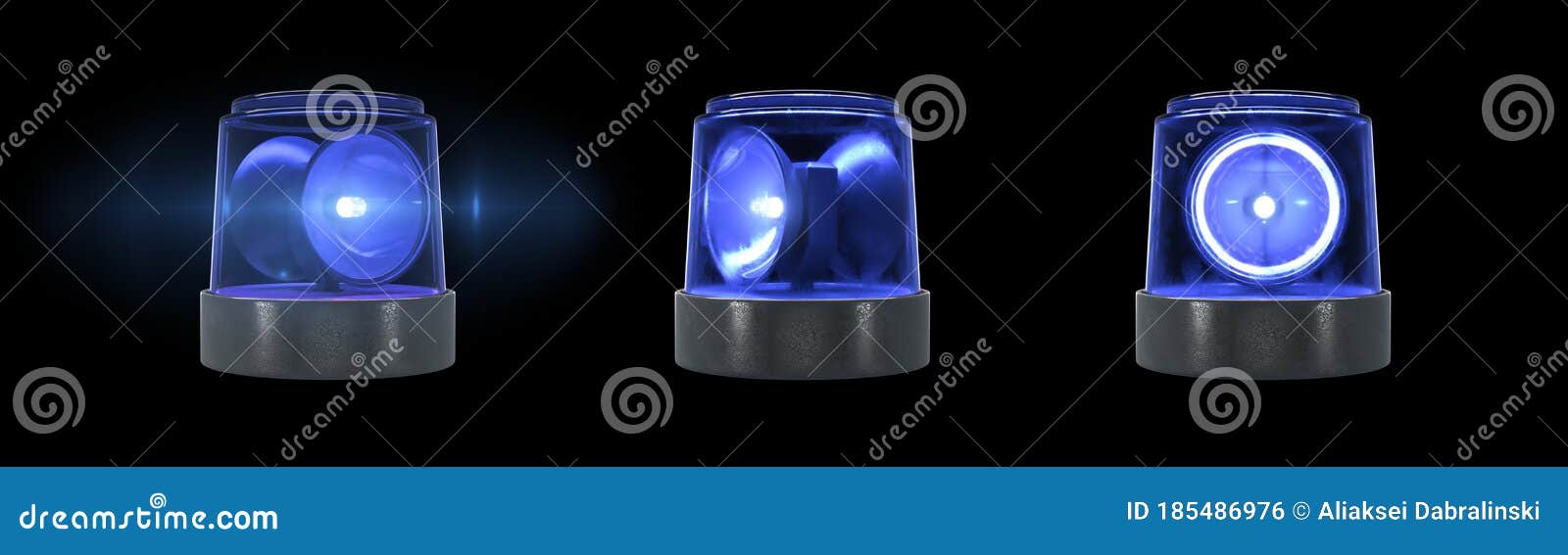 3d Render Blue Warning Light with Flare on a Black Background Stock