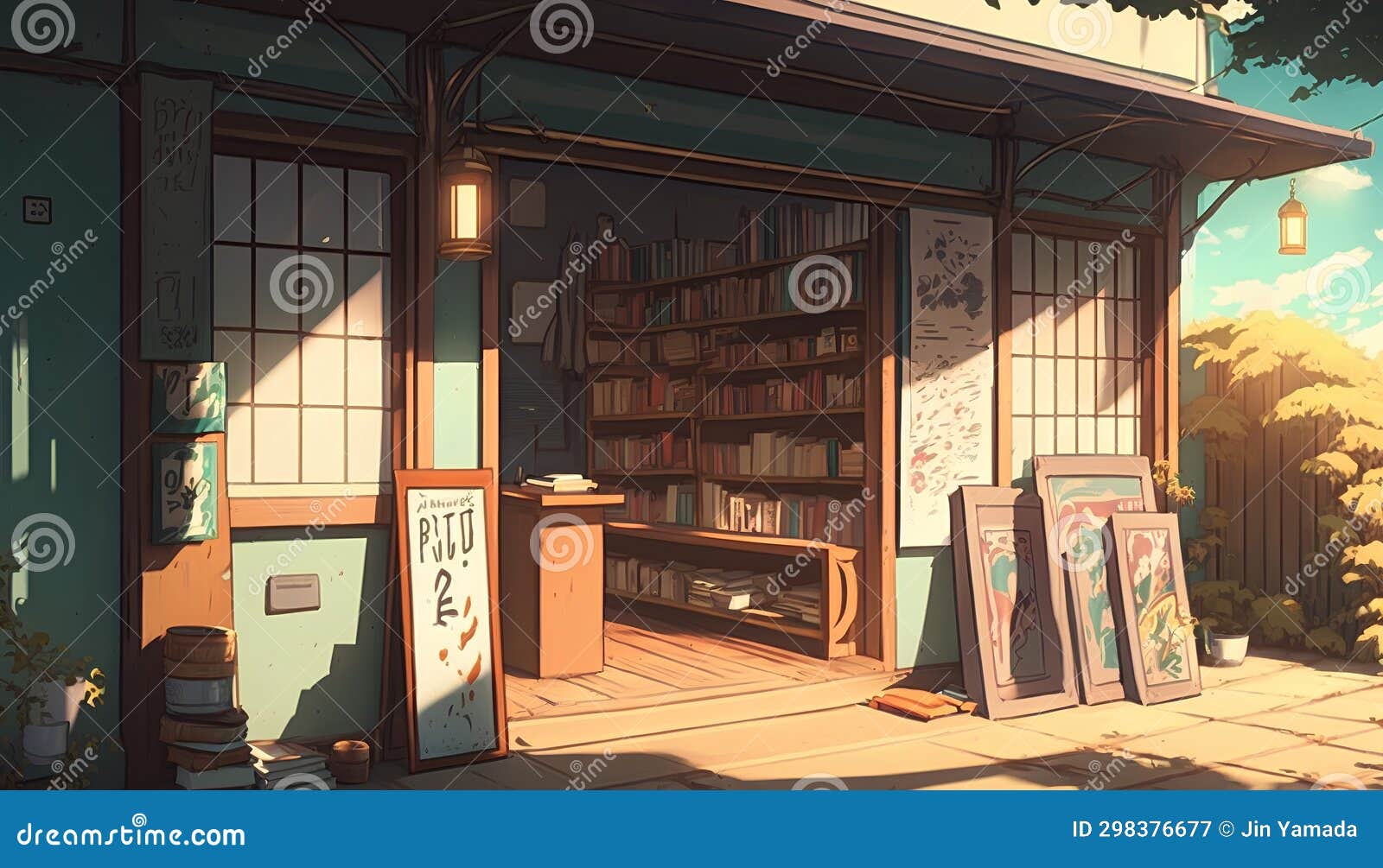 3D Render of a Book Shop with Books in the Foreground. Stock