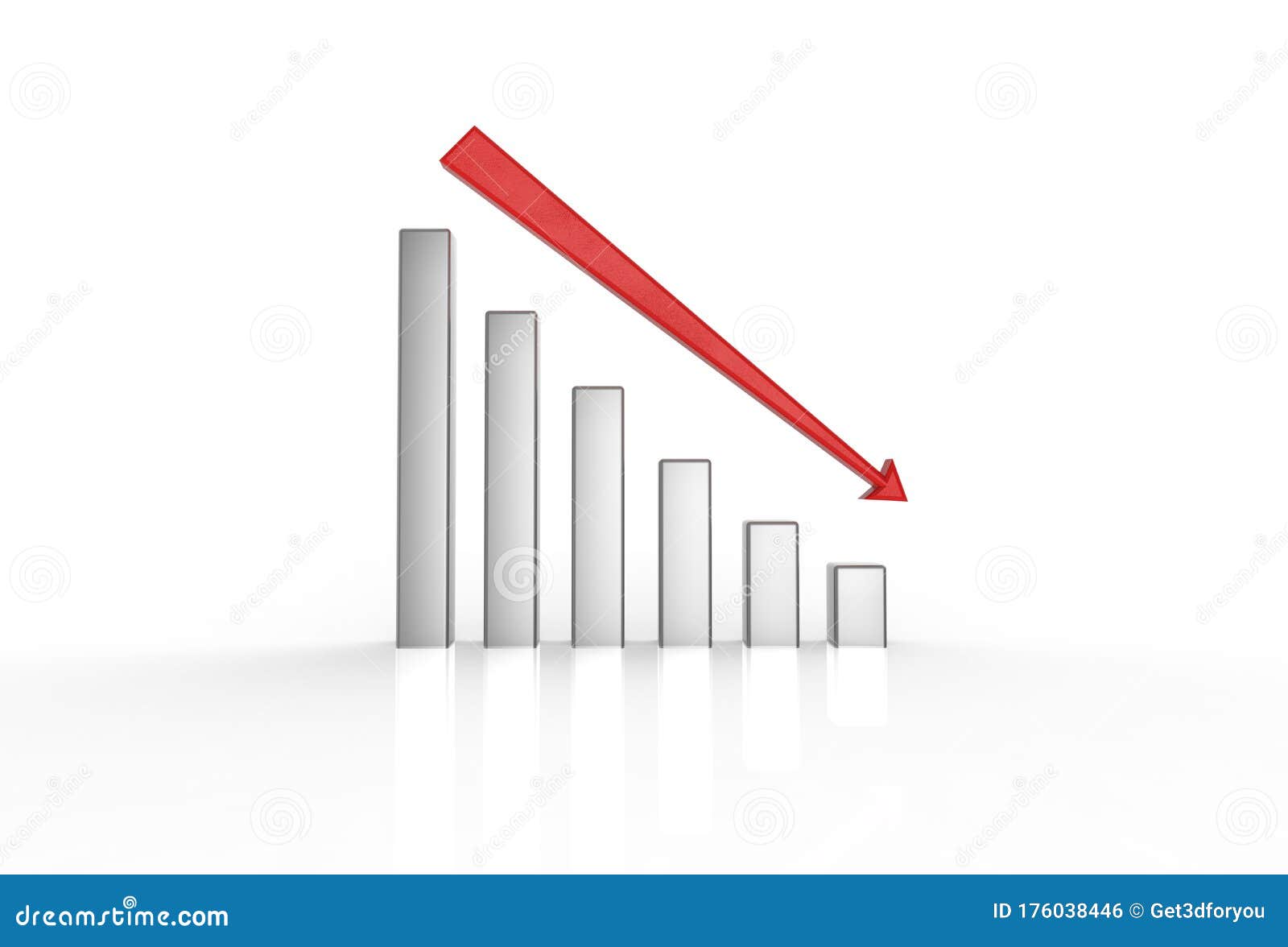 3d render of business graph going down steady in silver color