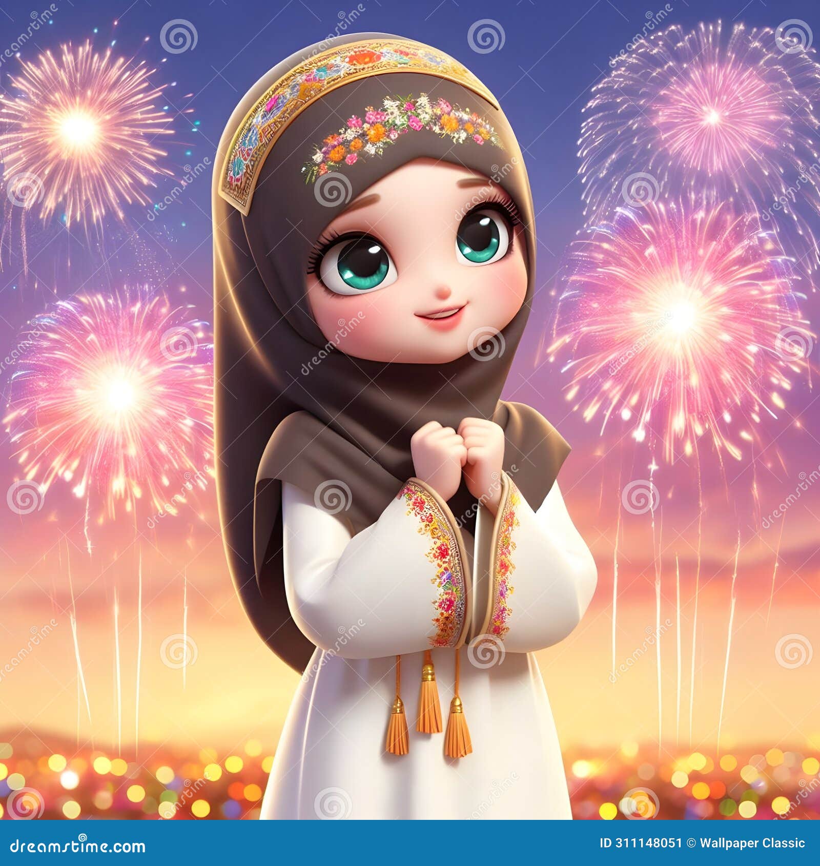 3d render cartoon girl happy eid alfitr mubarak ai generator