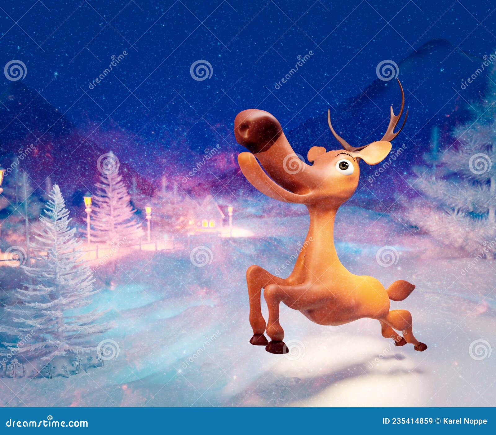 3D Render of Cartoon Reindeer Jumping in Winter Scene Stock Illustration -  Illustration of dawn, cartoon: 235414859