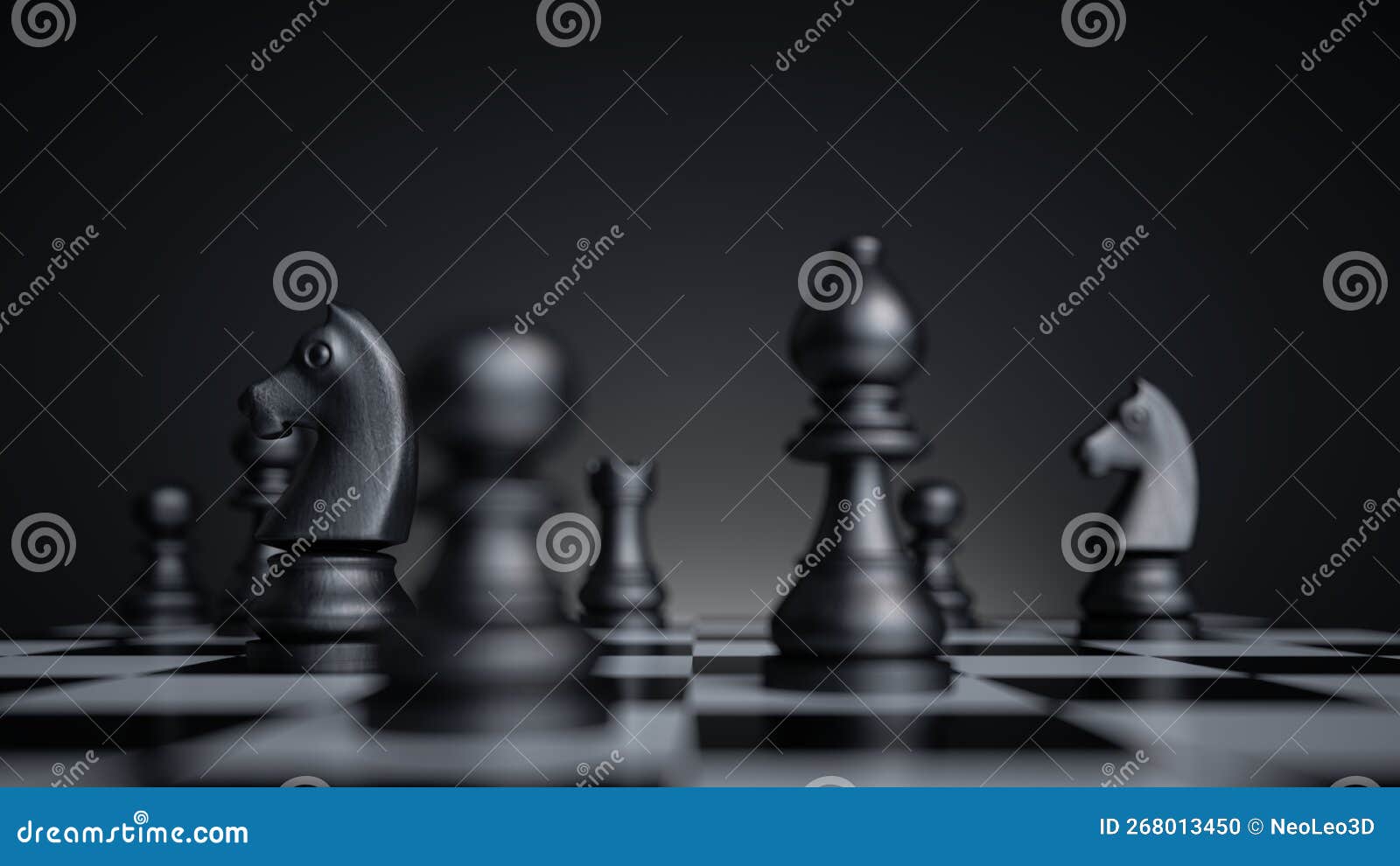 Group Of Chess Pieces Stand On A Black Chessboard Background, 3d