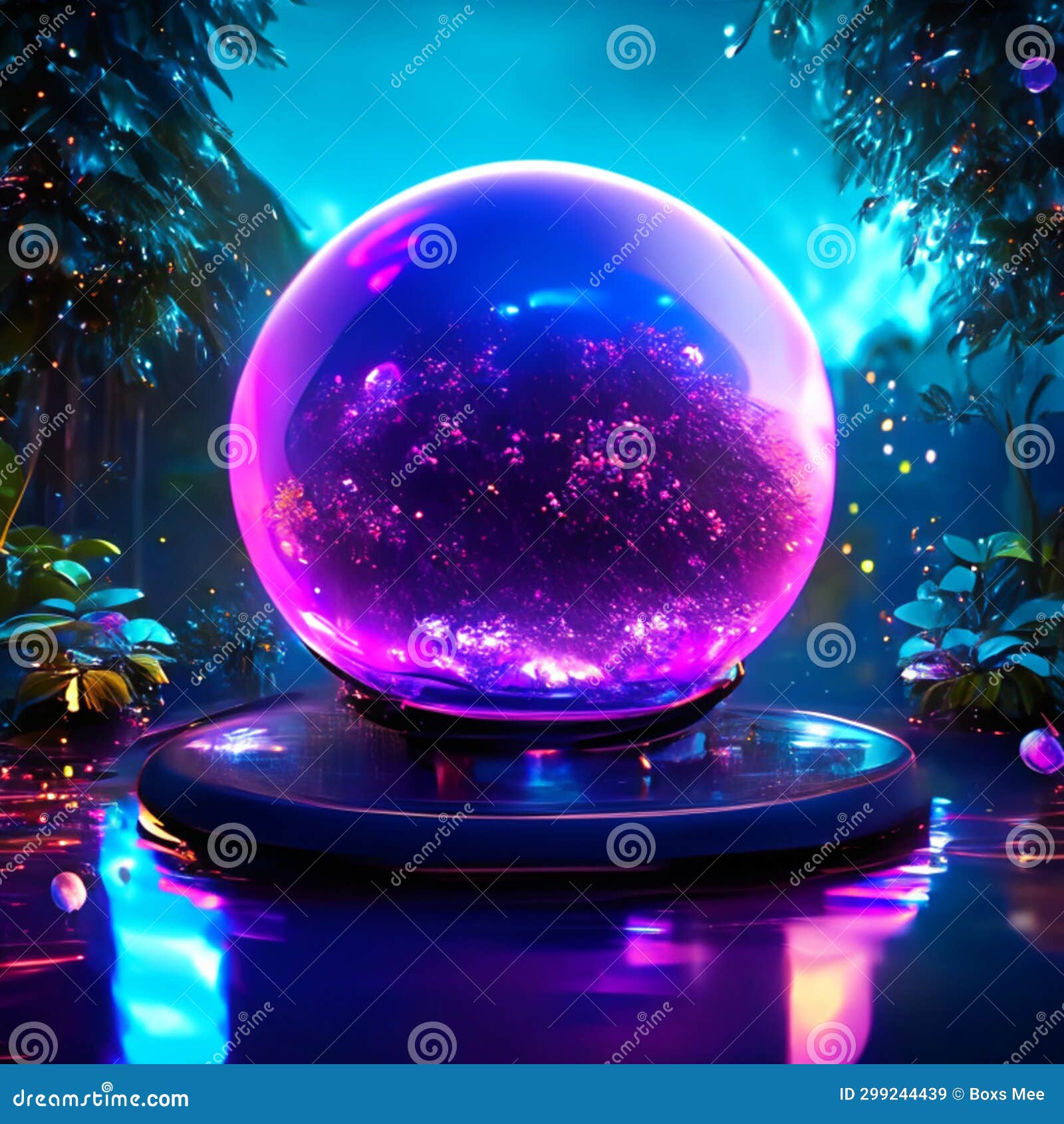 3D Render of a Crystal Ball on the Background of the Night Forest. AI