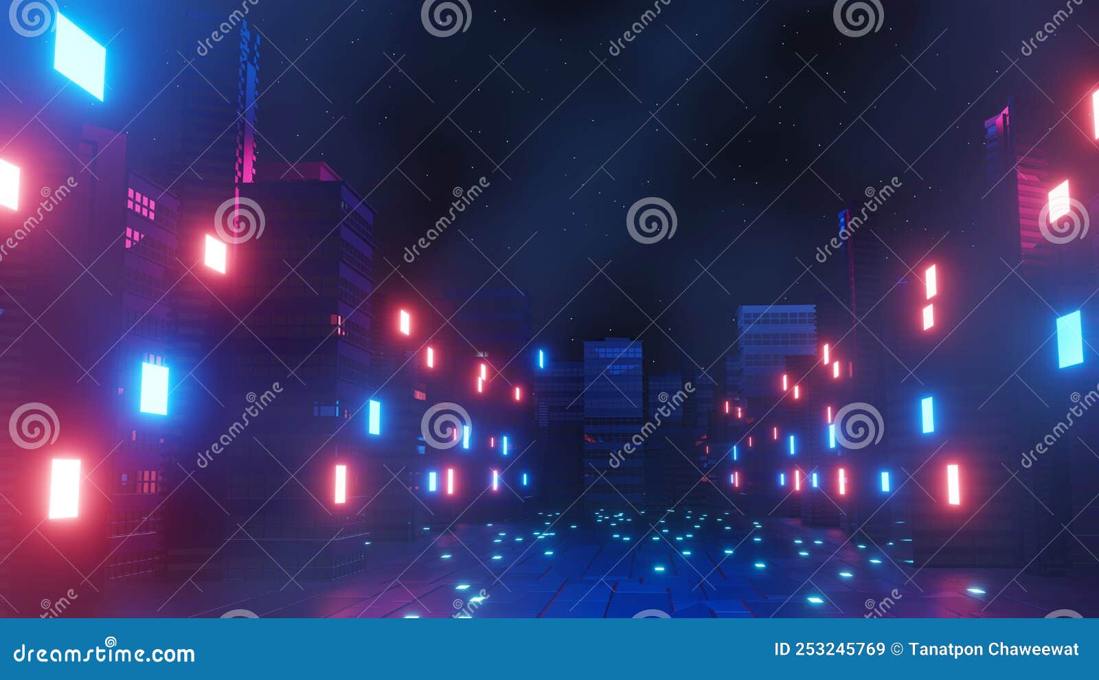 3d render of cyber punk night city landscape concept. light glowing on dark scene. night life. technology network for 5g. beyond
