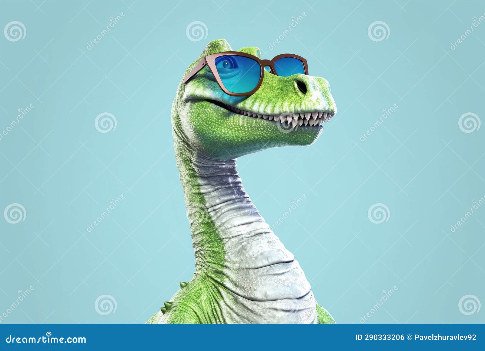 3D Render of a Dinosaur with Sunglasses Isolated on a Blue Background Stock Illustration