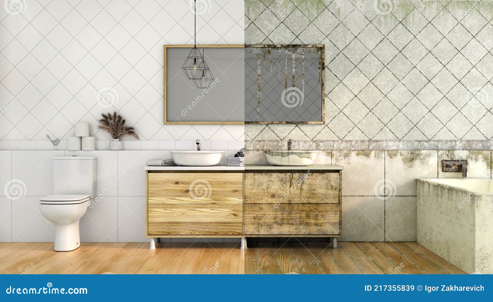 3d Render Of Dirty Bathroom In Modern Style Stock Illustration Illustration Of Parquet