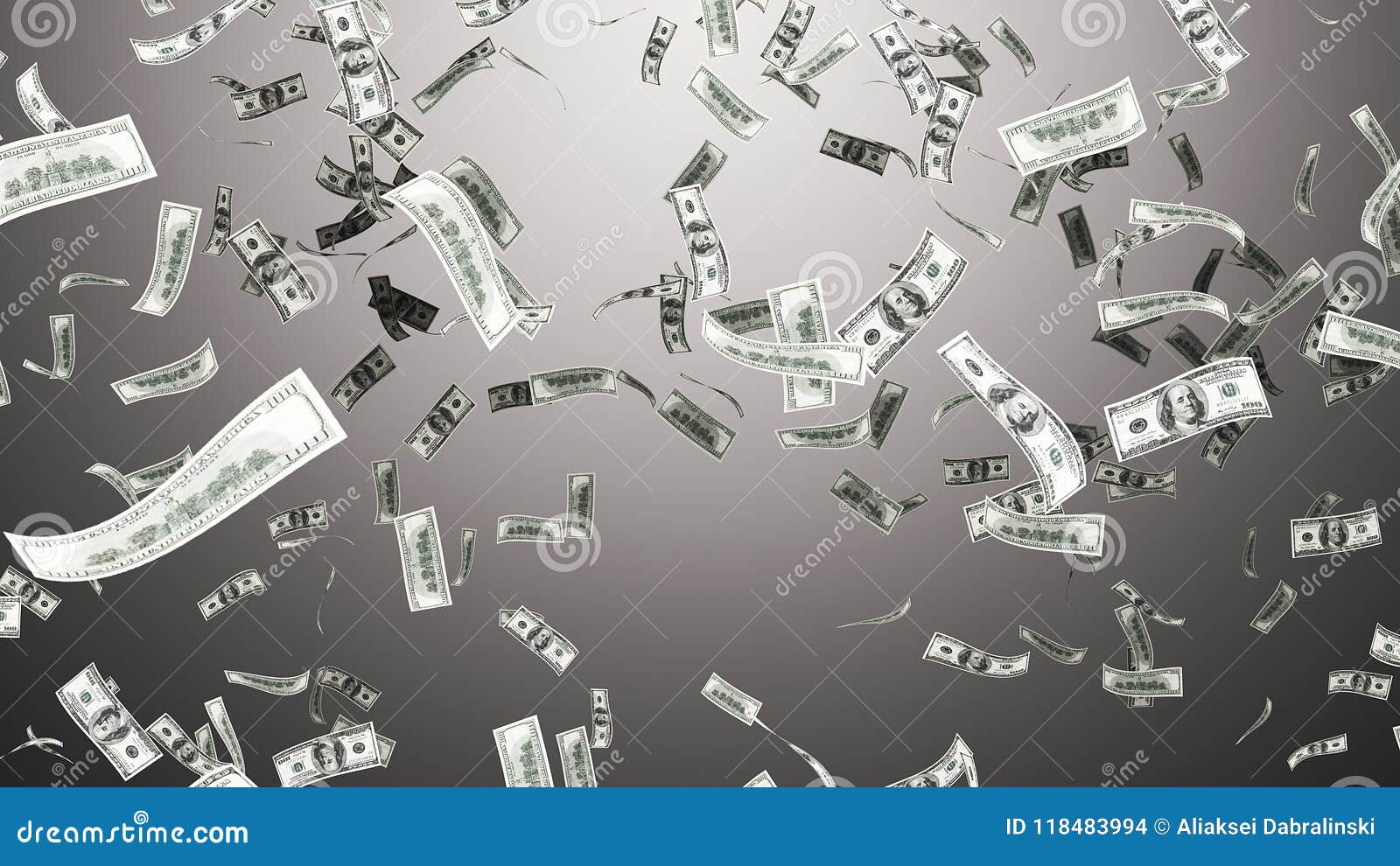 3d render falling hundred dollar on grey background
