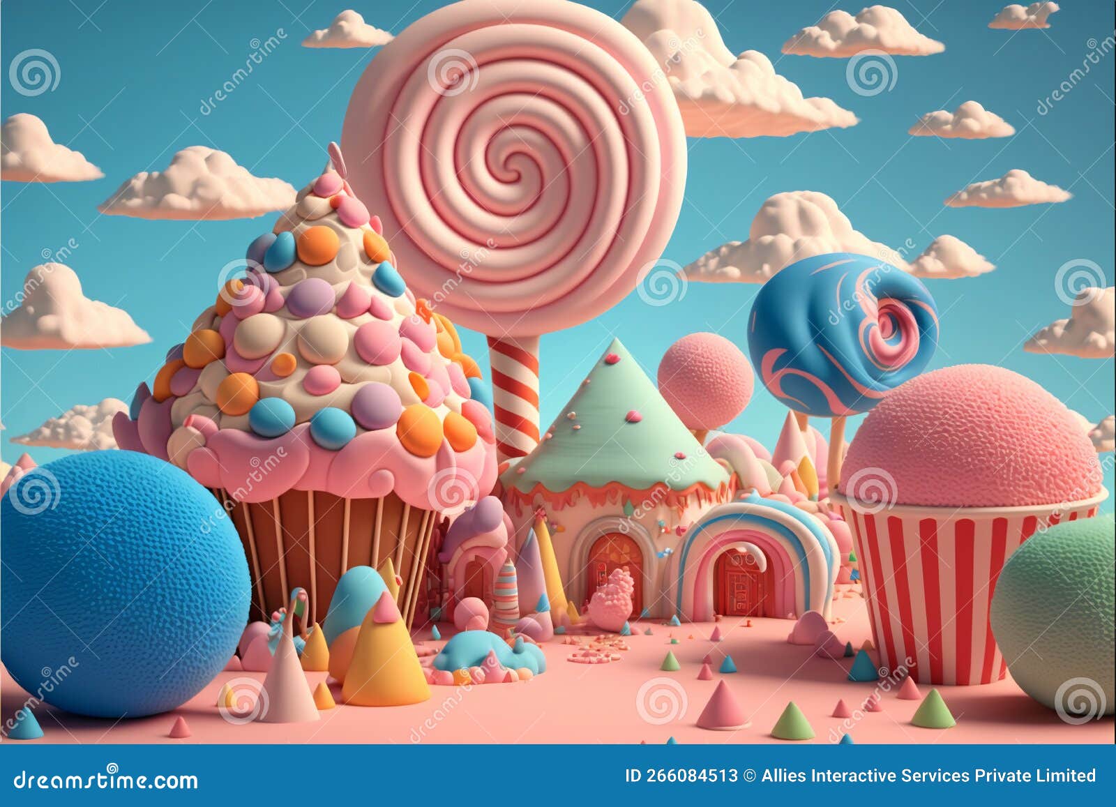 3d render, fantasy colorful candyland background with cupcake, candies, ice cream,