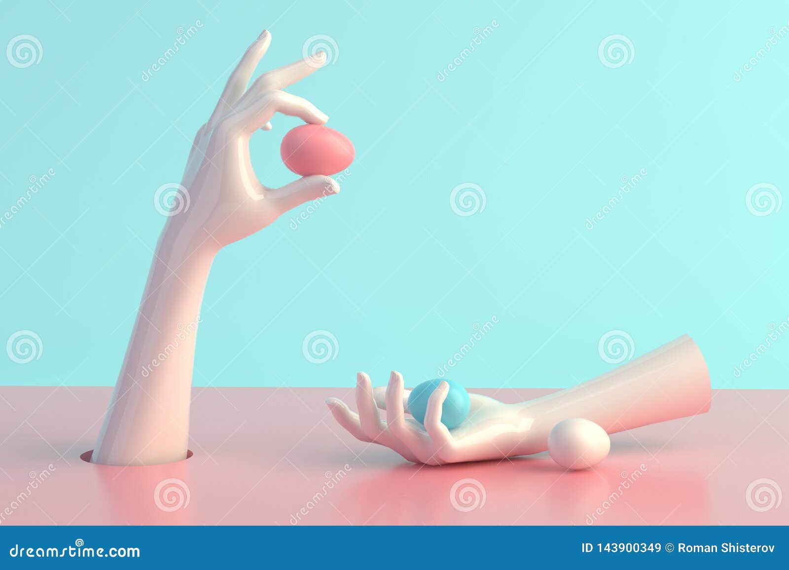 3d render, female hands, minimal fashion background, mannequin body parts with easter eggs