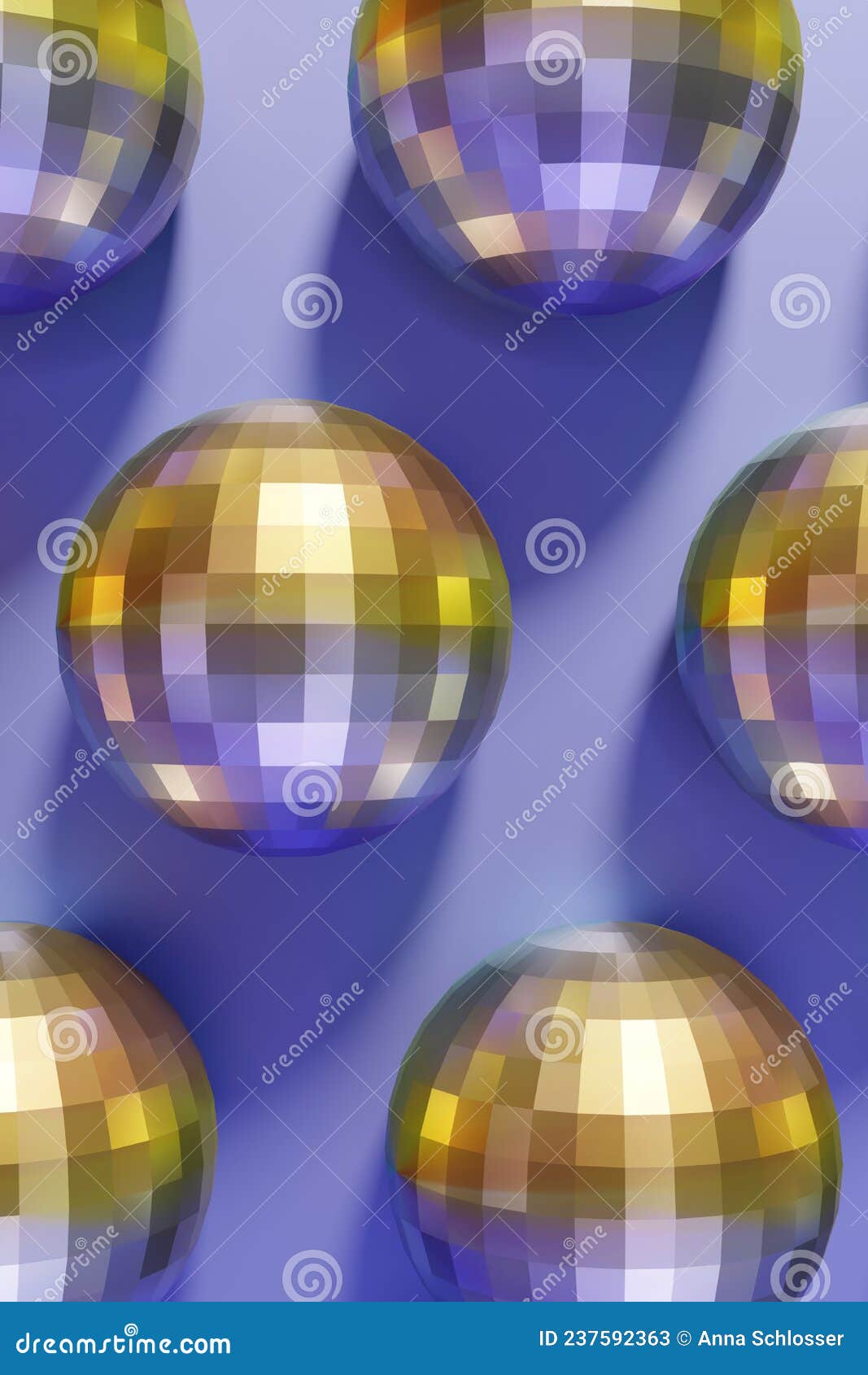 3d render of festive shiny dico balls pattern on a violet color of the year 2022