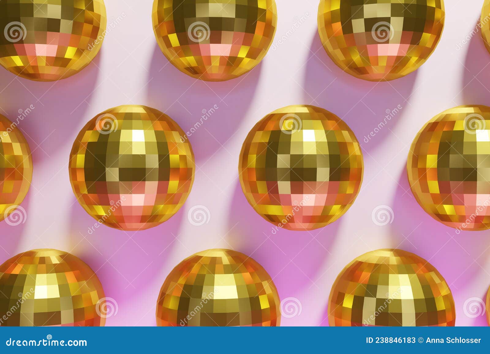 3d render of festive shiny gold dico balls pattern