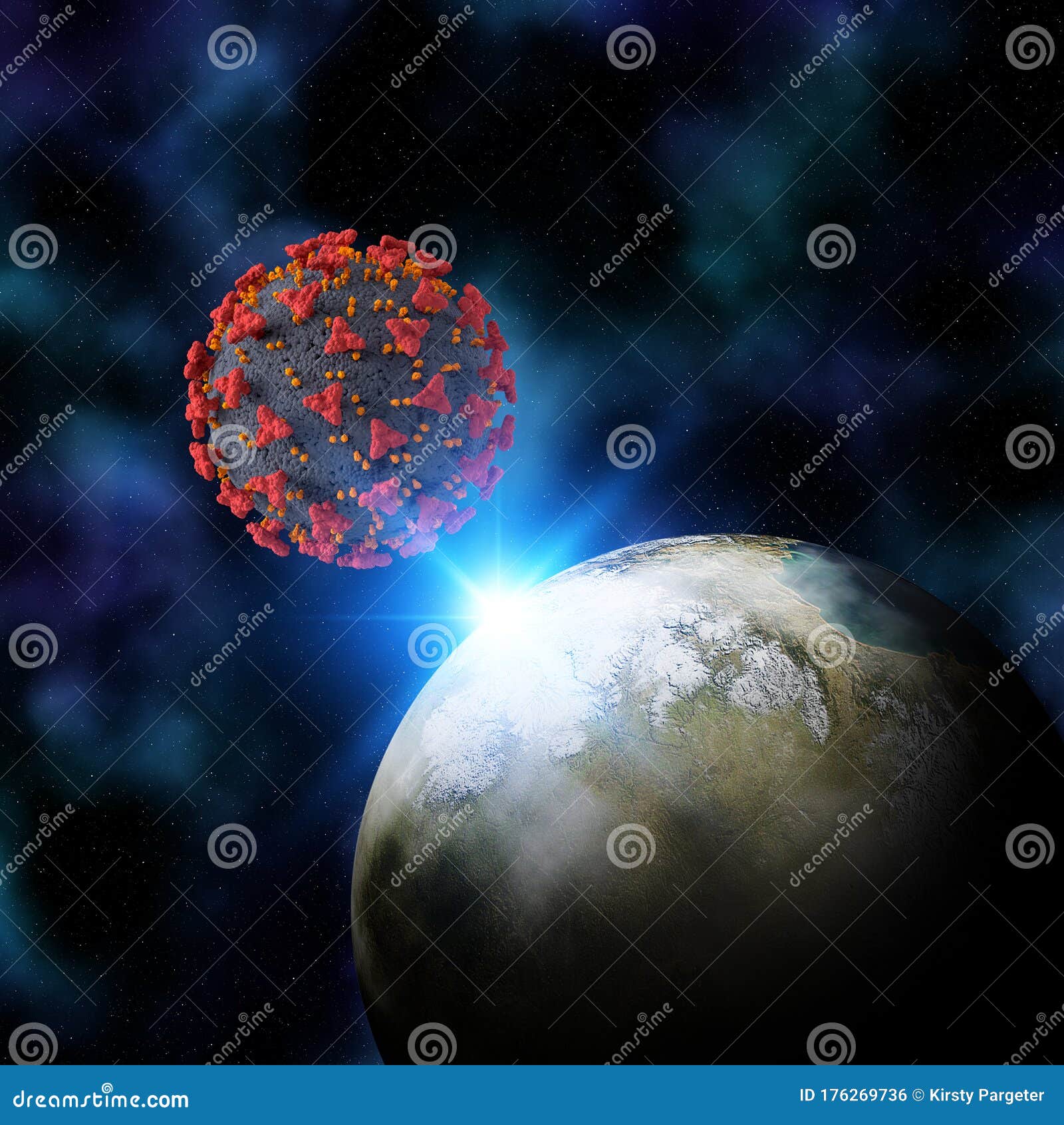 3d fictional space background with the earth and coronal virus cell