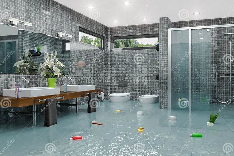 3d Render Flooding Modern Bathroom Bathroom Stock Illustration